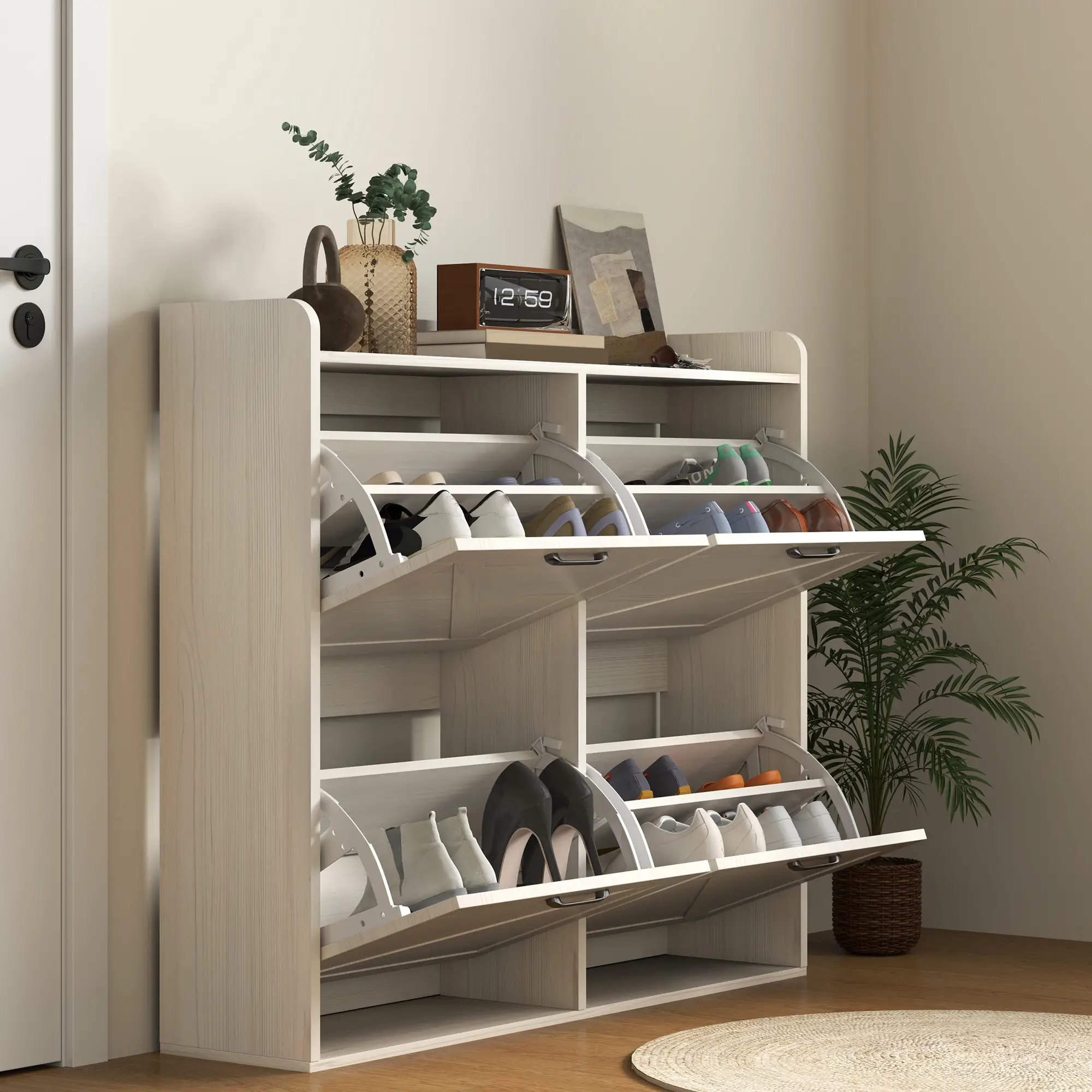 Narrow Shoe Storage Cabinet, 4 Flip Drawers, Adjustable Shelves, 16 Pair, White Oak - Image 9
