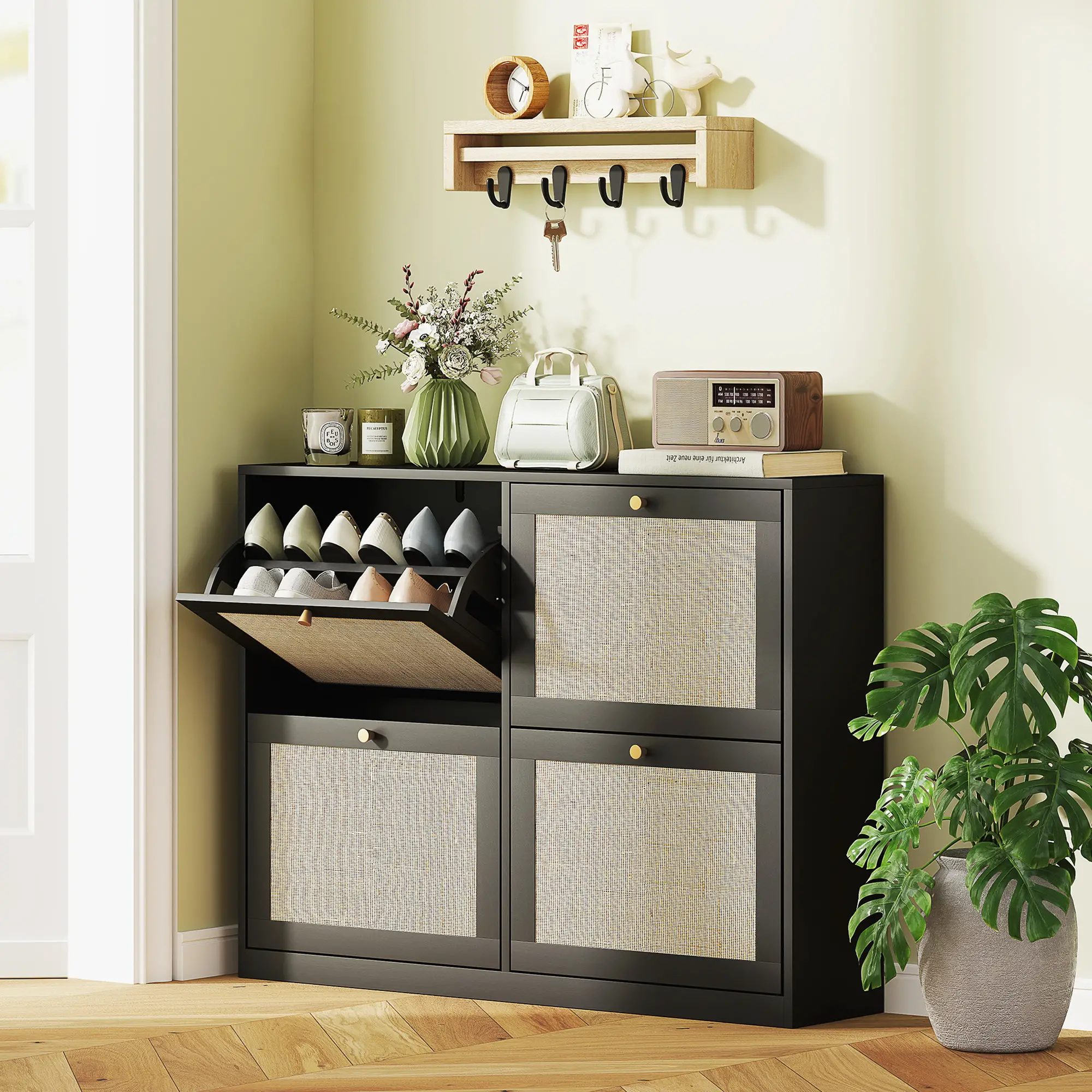 Narrow Shoe Storage Cabinet, 4 Flip Drawers, Adjustable Shelves, 20 Pairs, Black - Image 2