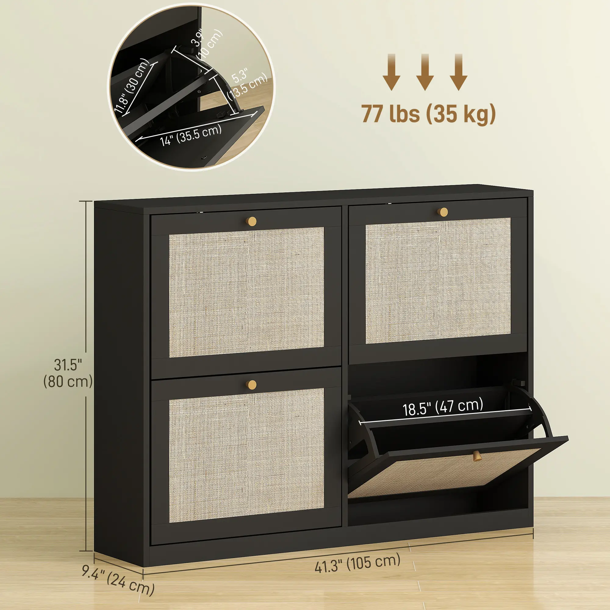 Narrow Shoe Storage Cabinet, 4 Flip Drawers, Adjustable Shelves, 20 Pairs, Black - Image 3