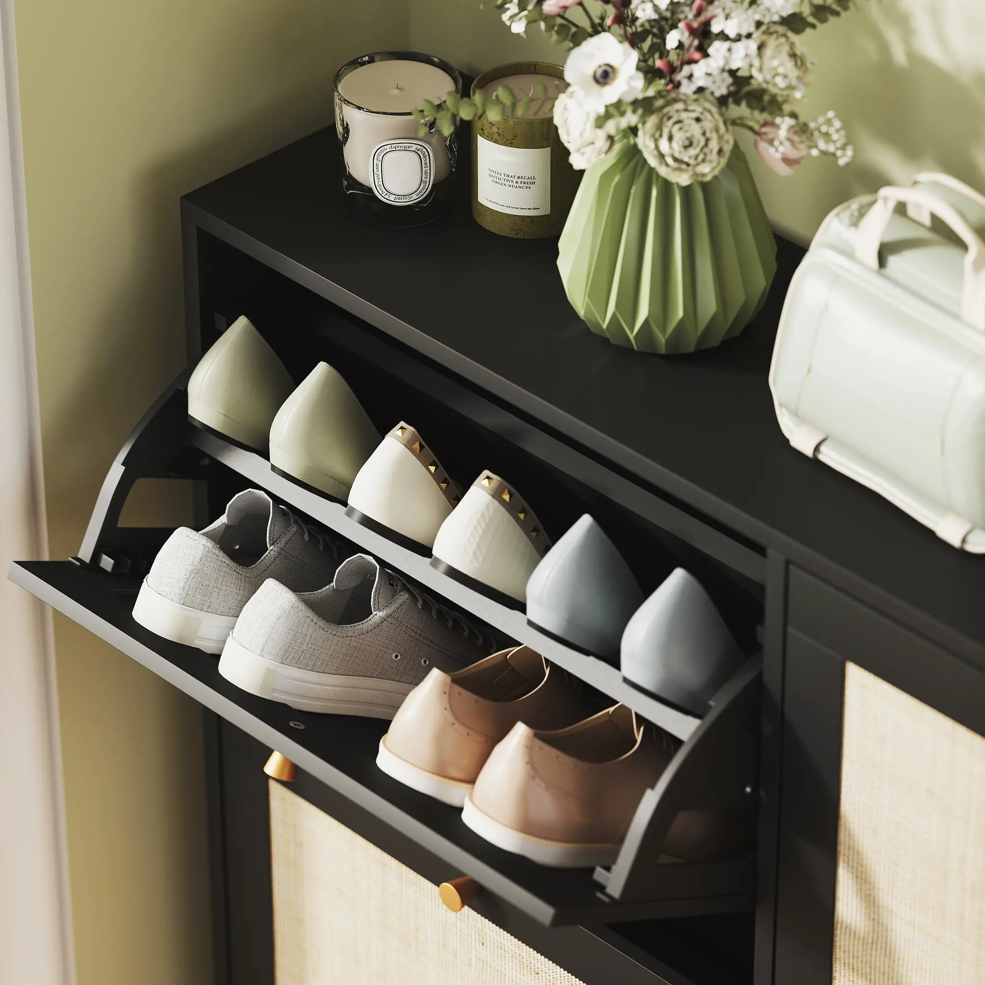 Narrow Shoe Storage Cabinet, 4 Flip Drawers, Adjustable Shelves, 20 Pairs, Black - Image 9