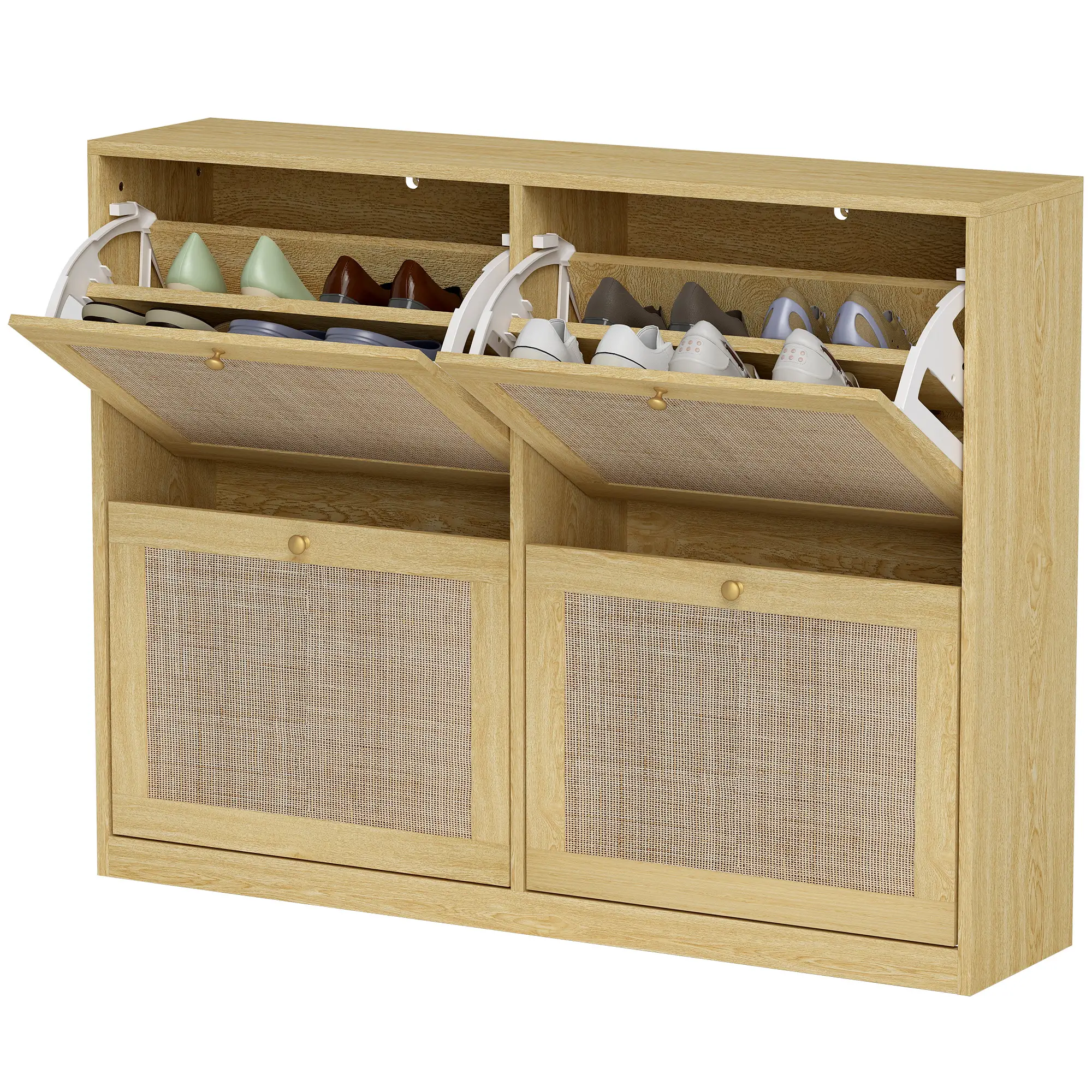 Narrow Shoe Storage Cabinet, 4 Flip Drawers, Adjustable Shelves, 20 Pairs, Oak