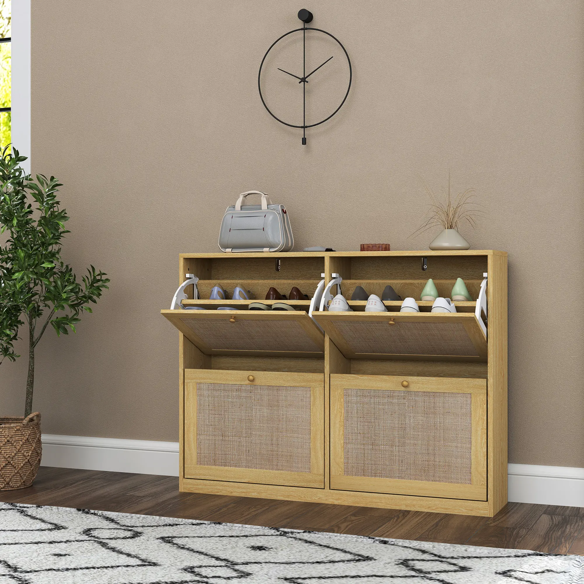 Narrow Shoe Storage Cabinet, 4 Flip Drawers, Adjustable Shelves, 20 Pairs, Oak - Image 10