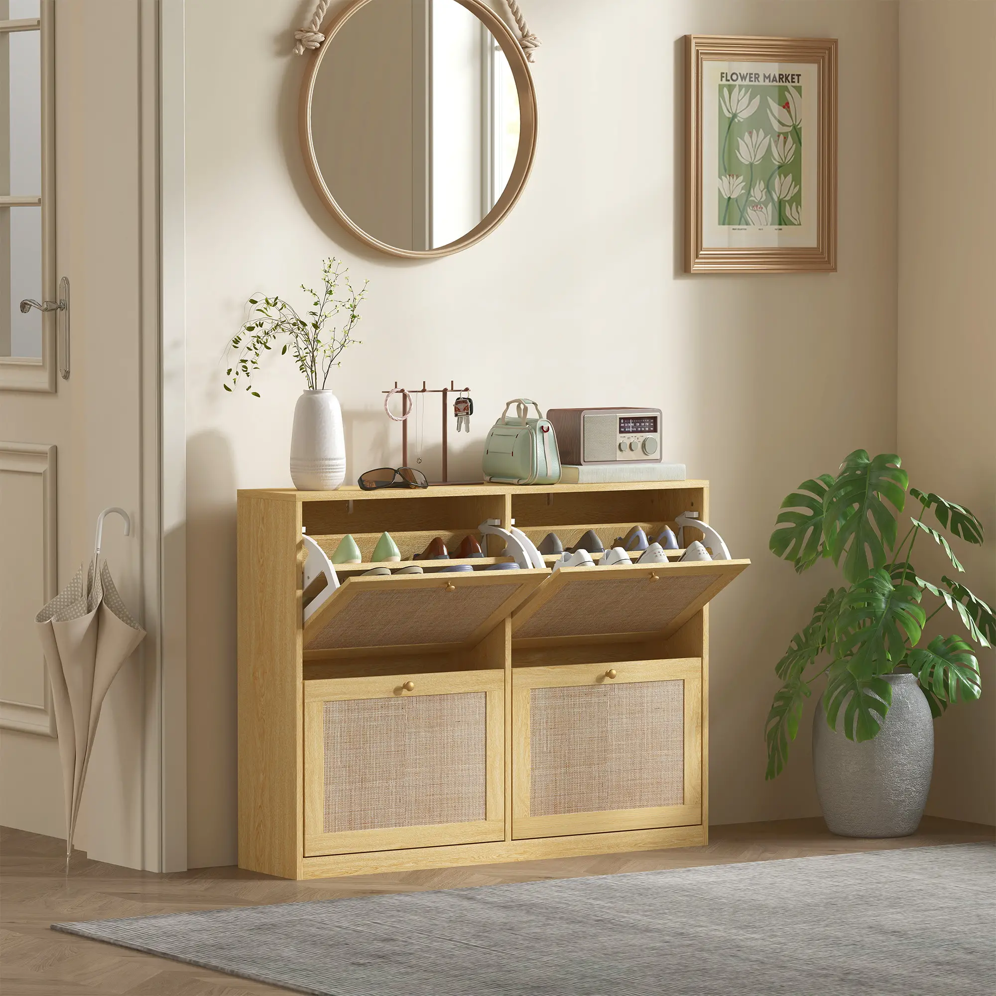 Narrow Shoe Storage Cabinet, 4 Flip Drawers, Adjustable Shelves, 20 Pairs, Oak - Image 2
