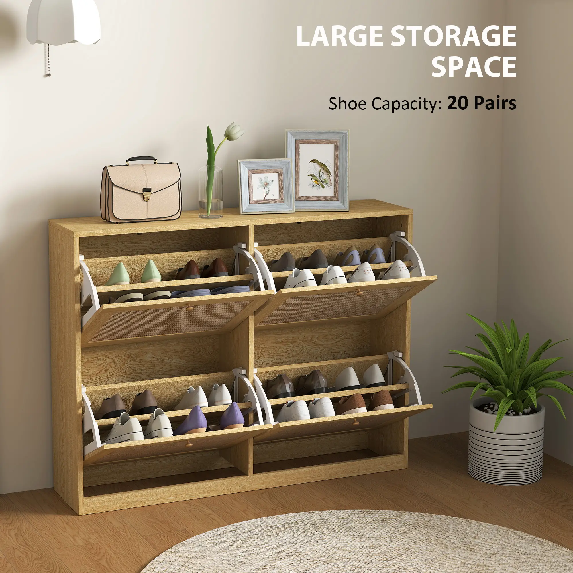 Narrow Shoe Storage Cabinet, 4 Flip Drawers, Adjustable Shelves, 20 Pairs, Oak - Image 4