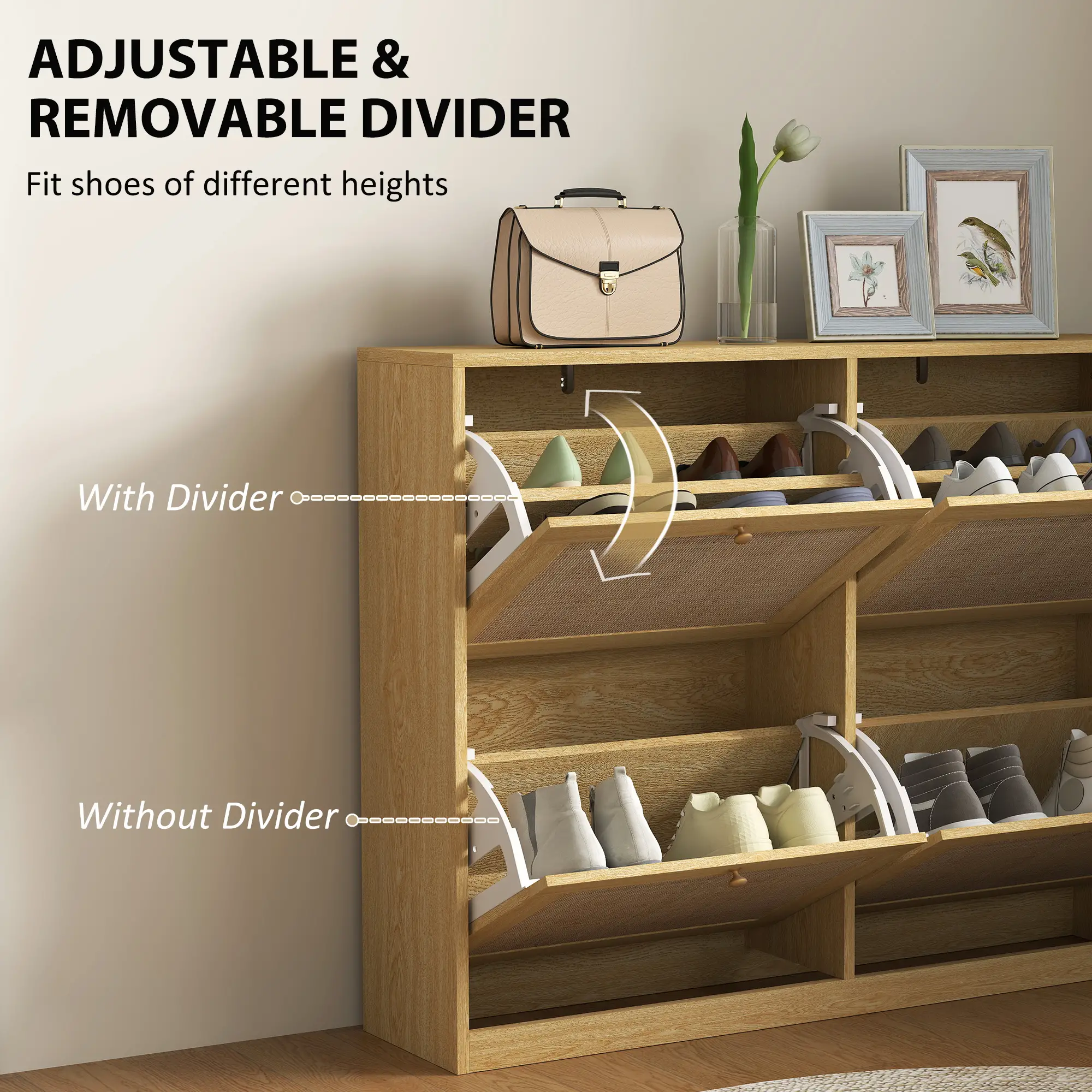 Narrow Shoe Storage Cabinet, 4 Flip Drawers, Adjustable Shelves, 20 Pairs, Oak - Image 5