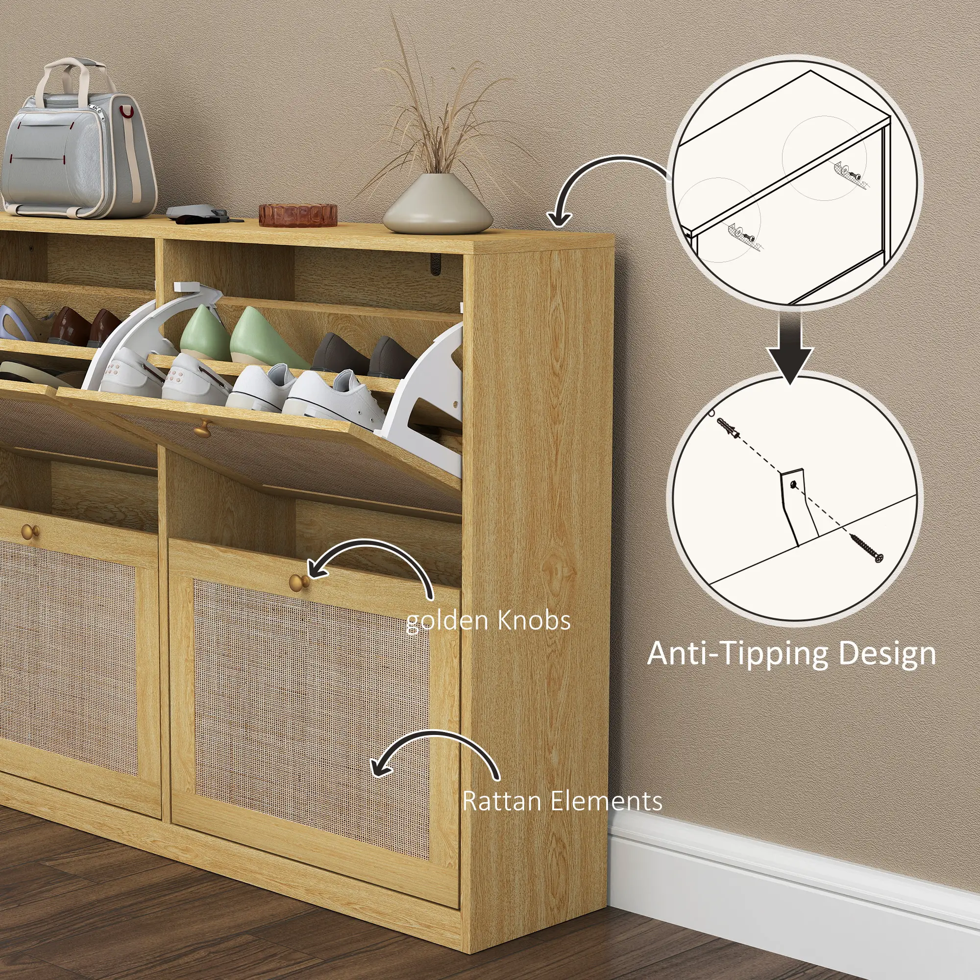 Narrow Shoe Storage Cabinet, 4 Flip Drawers, Adjustable Shelves, 20 Pairs, Oak - Image 6
