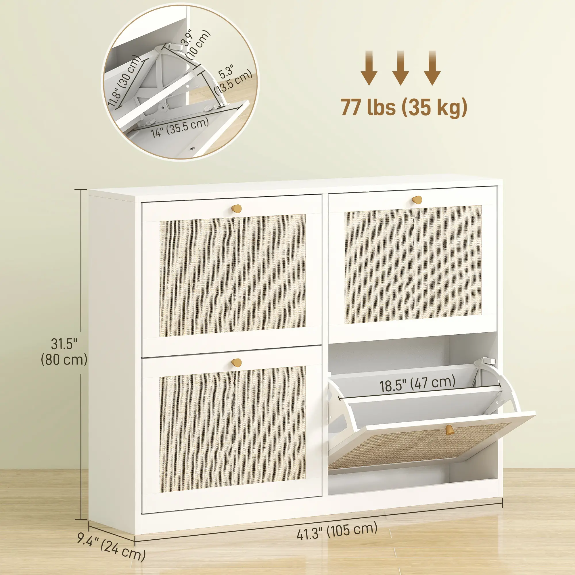 Narrow Shoe Storage Cabinet, 4 Flip Drawers, Adjustable Shelves, 20 Pairs, White - Image 3