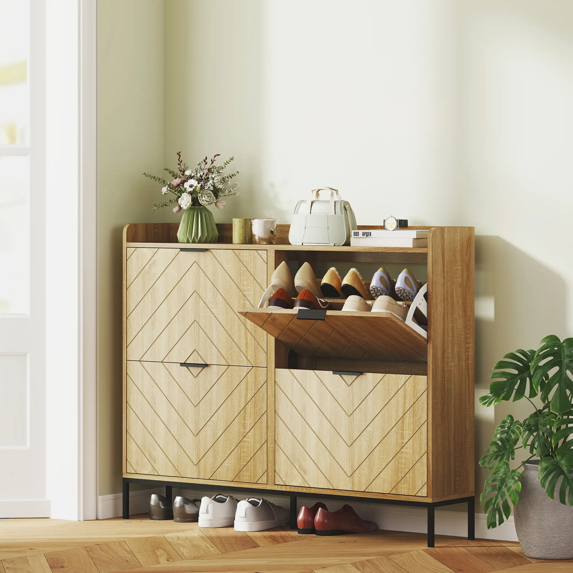Narrow Shoe Storage Cabinet, 4 Flip Drawers, Holds 16 Pairs, Oak - Image 2
