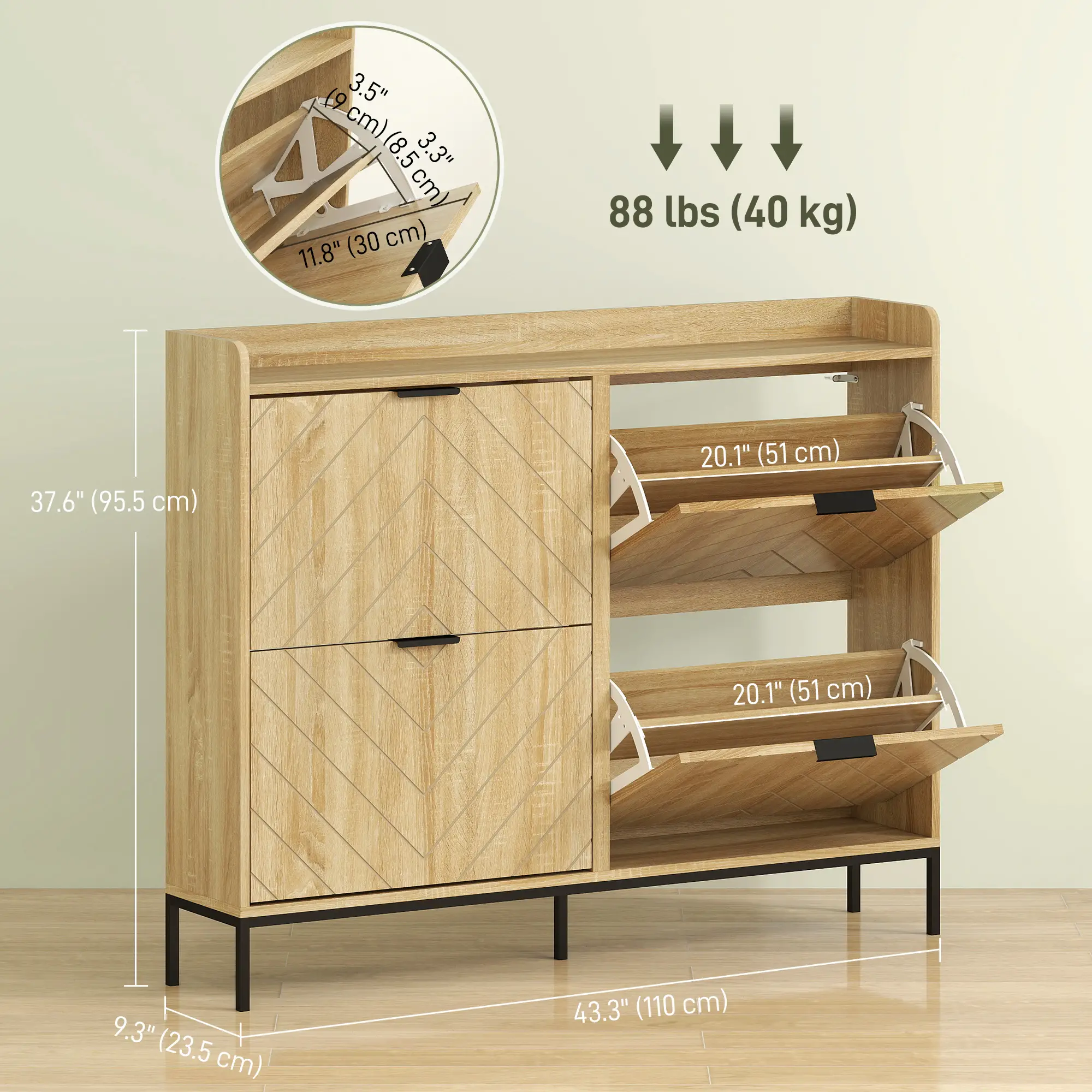 Narrow Shoe Storage Cabinet, 4 Flip Drawers, Holds 16 Pairs, Oak - Image 3