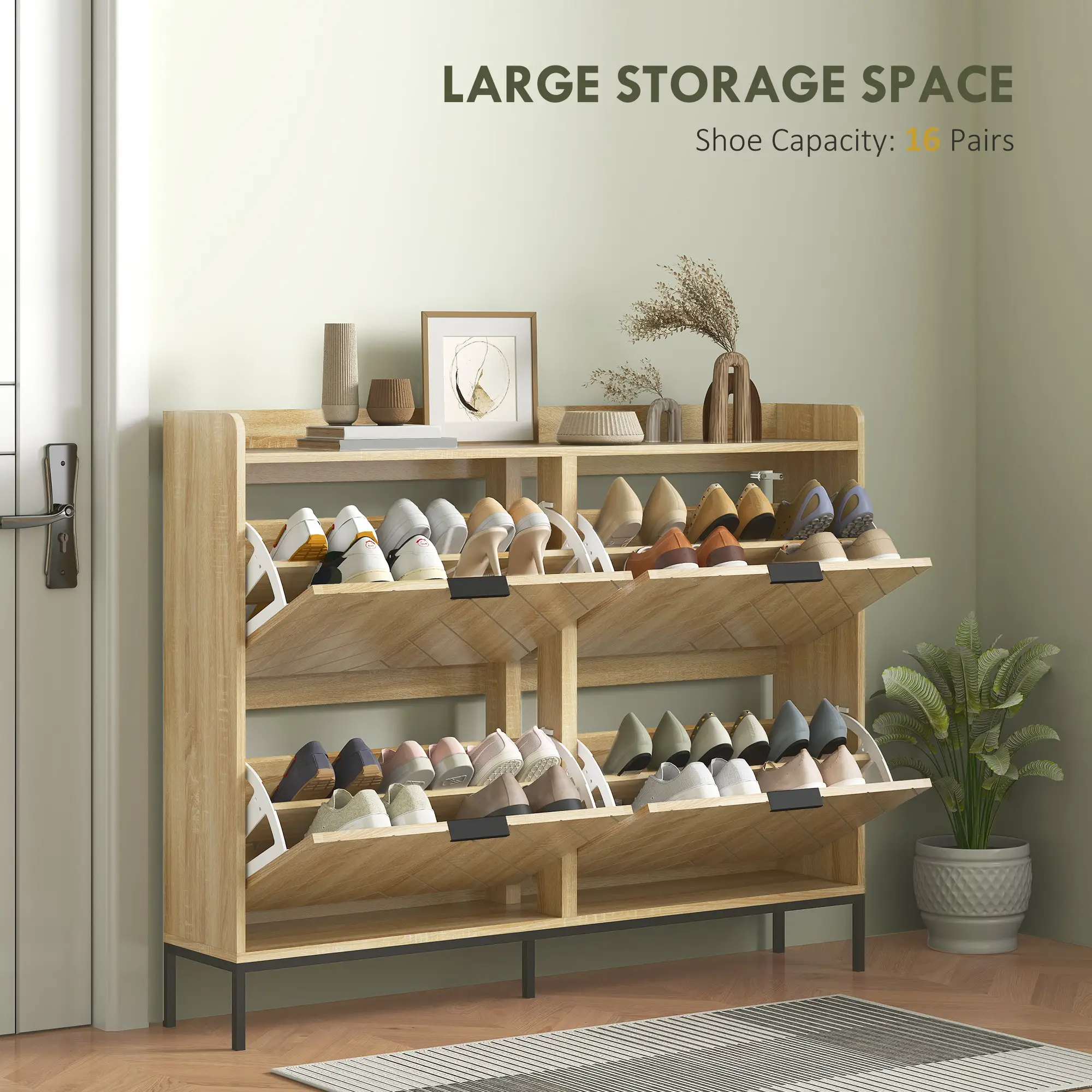 Narrow Shoe Storage Cabinet, 4 Flip Drawers, Holds 16 Pairs, Oak - Image 4