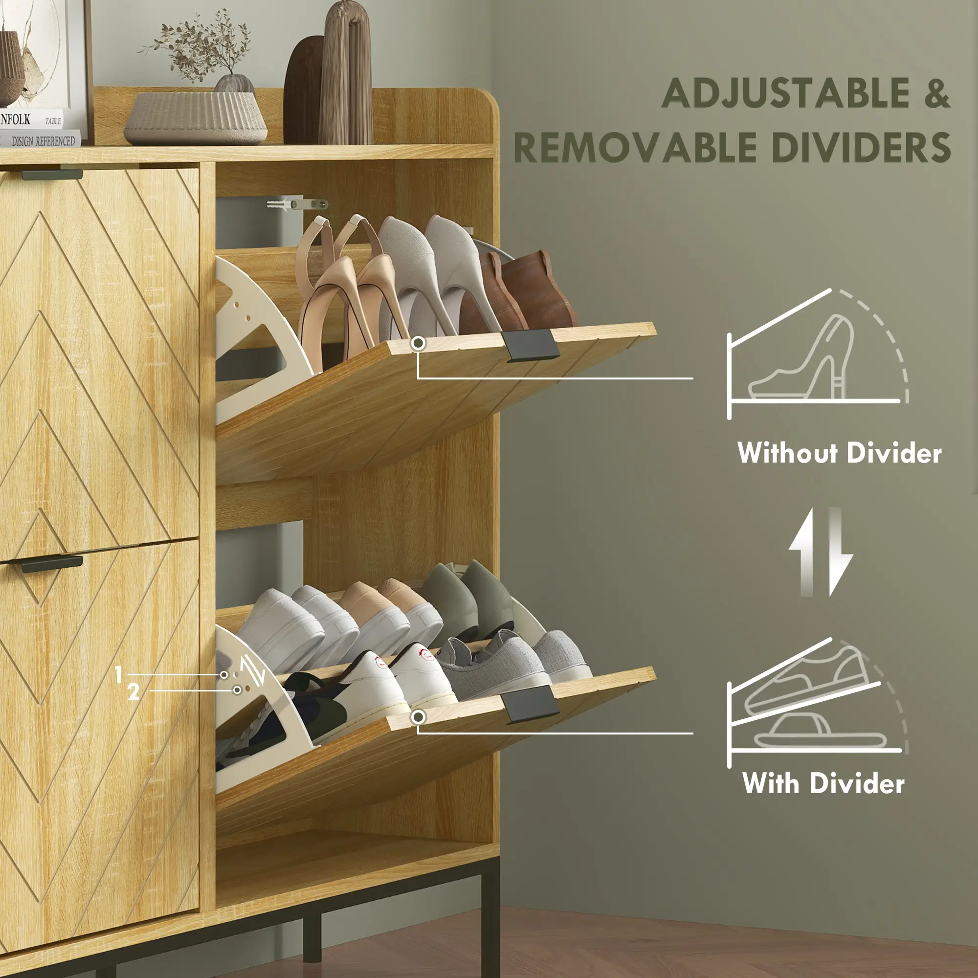 Narrow Shoe Storage Cabinet, 4 Flip Drawers, Holds 16 Pairs, Oak - Image 5
