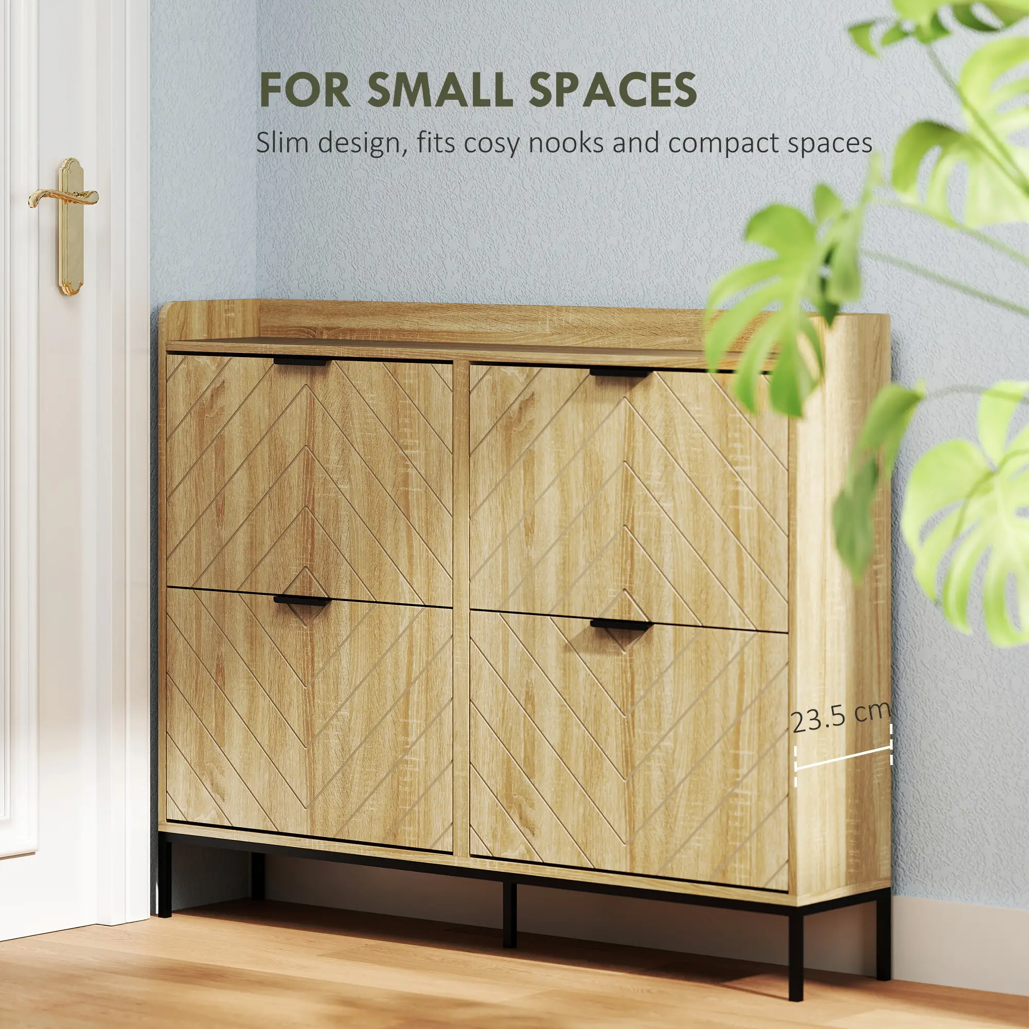 Narrow Shoe Storage Cabinet, 4 Flip Drawers, Holds 16 Pairs, Oak - Image 6