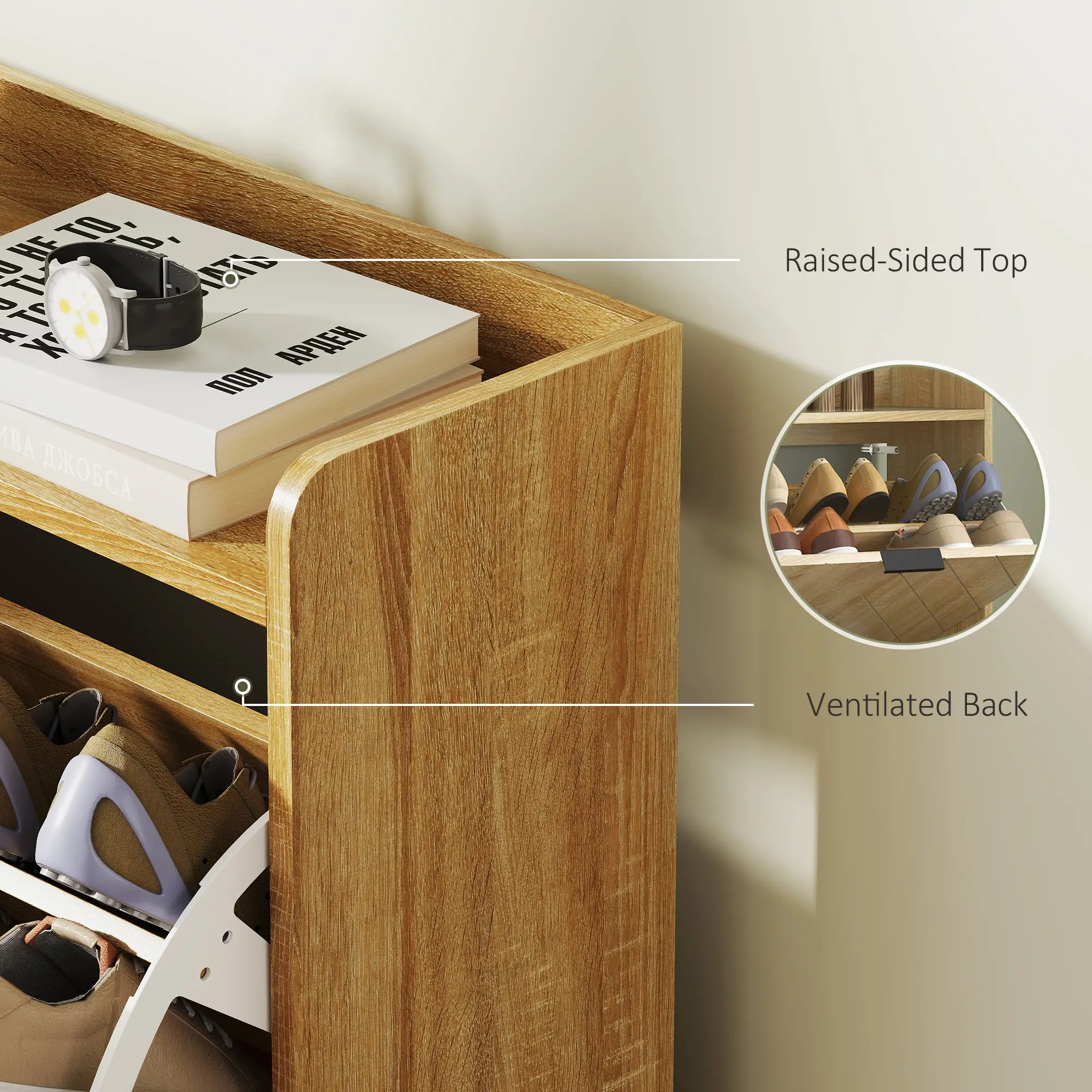 Narrow Shoe Storage Cabinet, 4 Flip Drawers, Holds 16 Pairs, Oak - Image 7