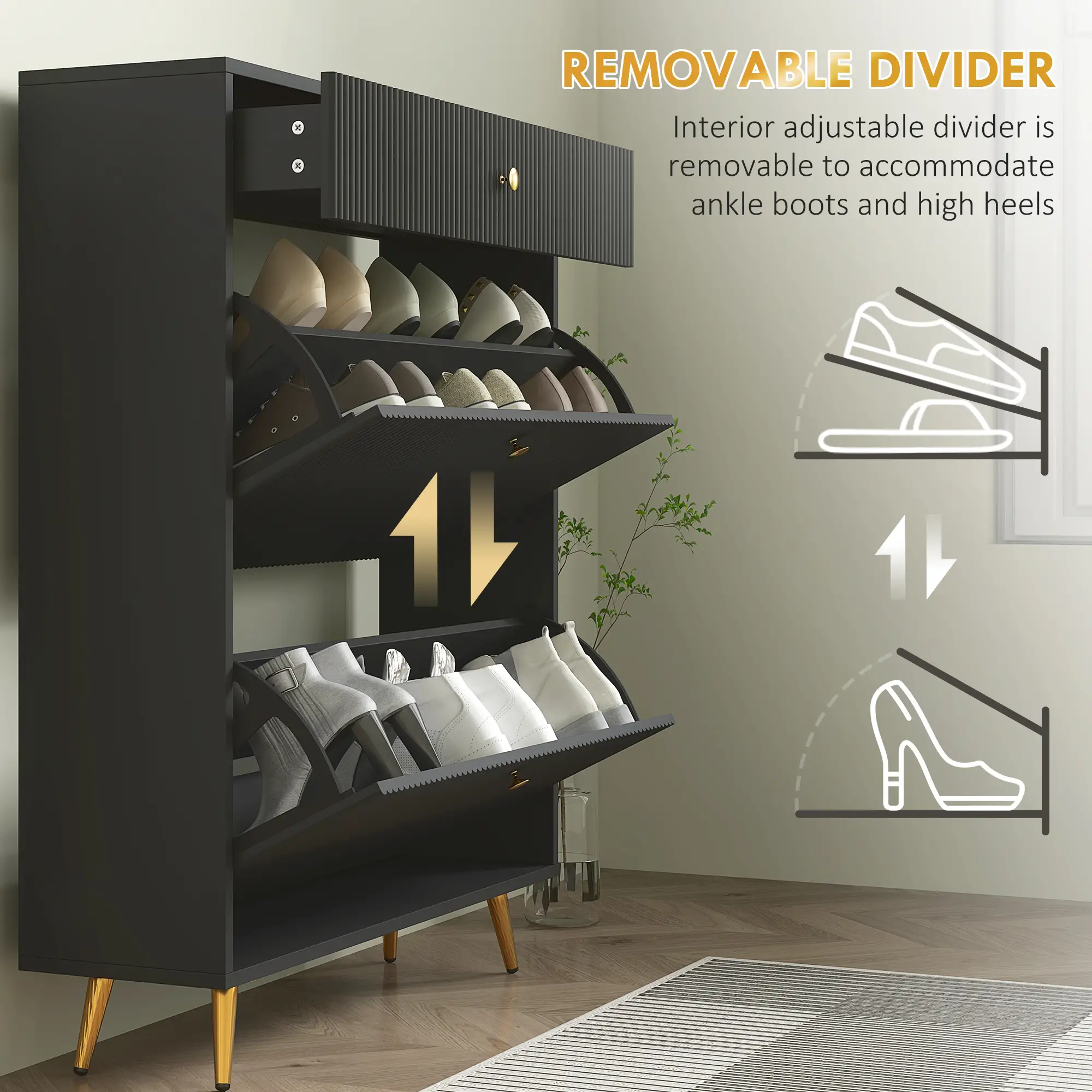 Narrow Shoe Storage Cabinet, Adjustable Shelves, 12 Pairs, Black - Image 6