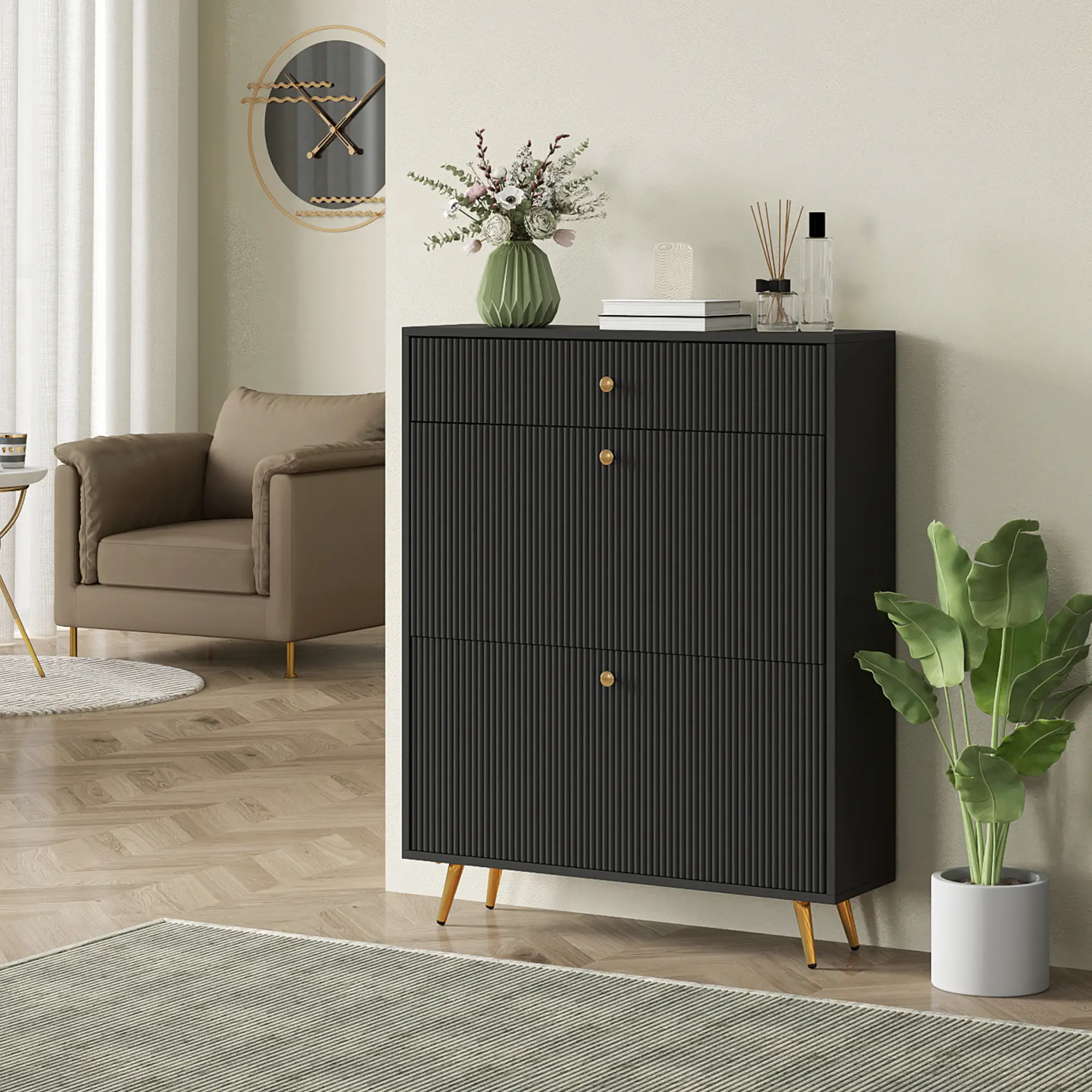 Narrow Shoe Storage Cabinet, Adjustable Shelves, 12 Pairs, Black - Image 8