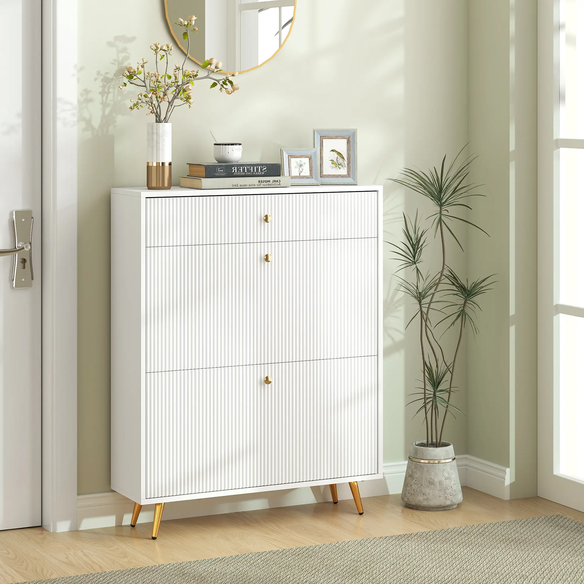 Narrow Shoe Storage Cabinet, Adjustable Shelves, 12 Pairs, White - Image 2