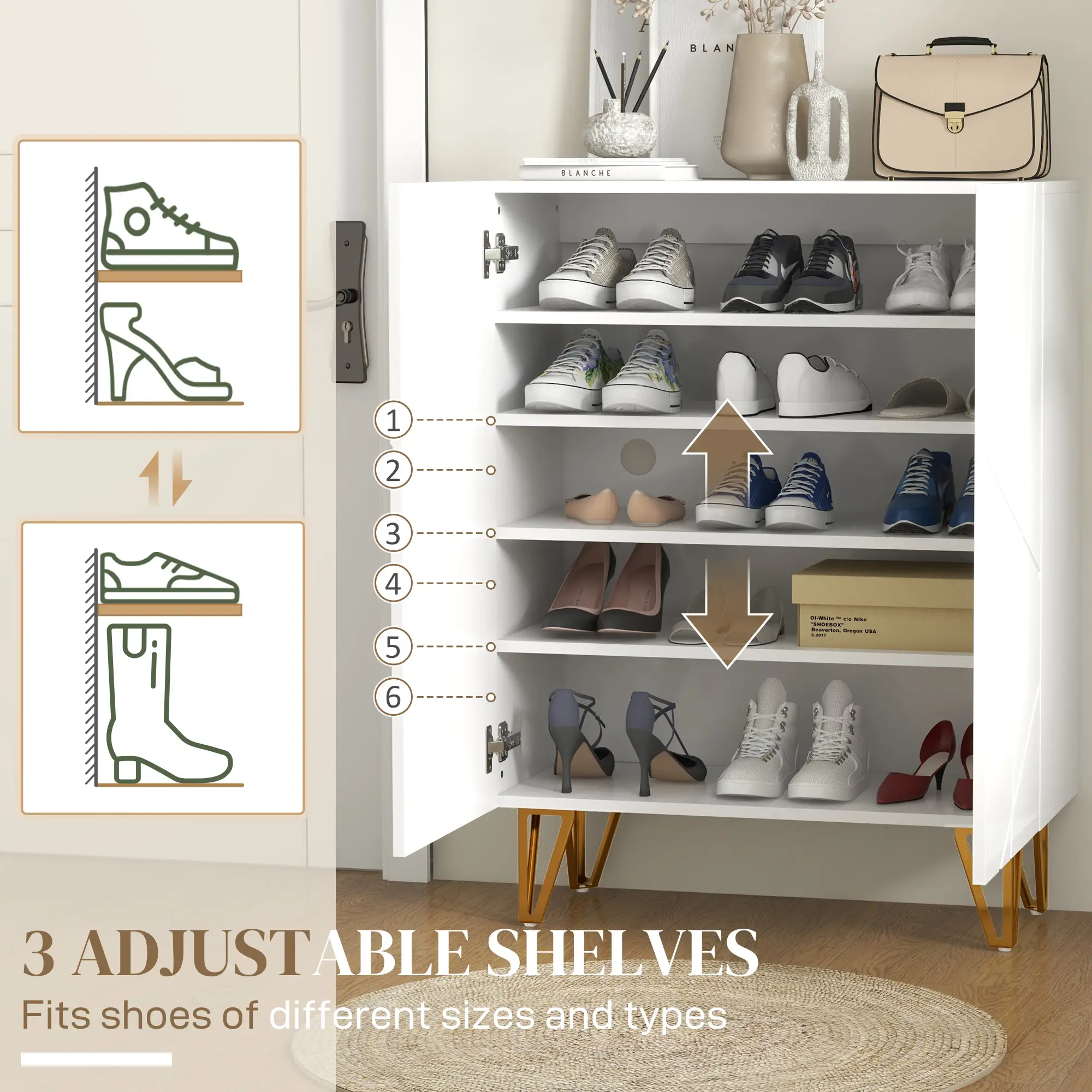 Narrow Shoe Storage Cabinet, Adjustable Shelves, 15-20 Pairs, High Gloss White - Image 4