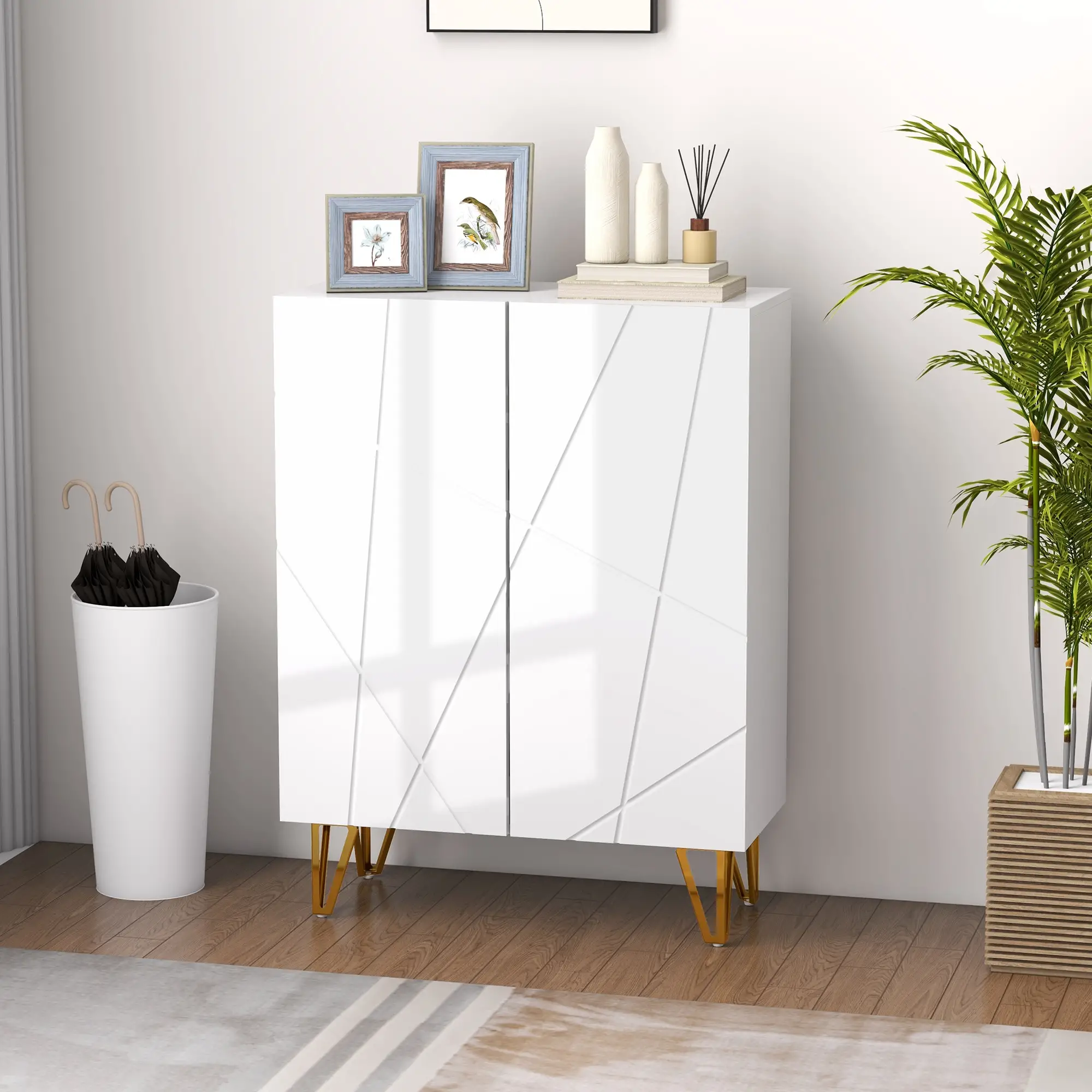 Narrow Shoe Storage Cabinet, Adjustable Shelves, 15-20 Pairs, High Gloss White - Image 8