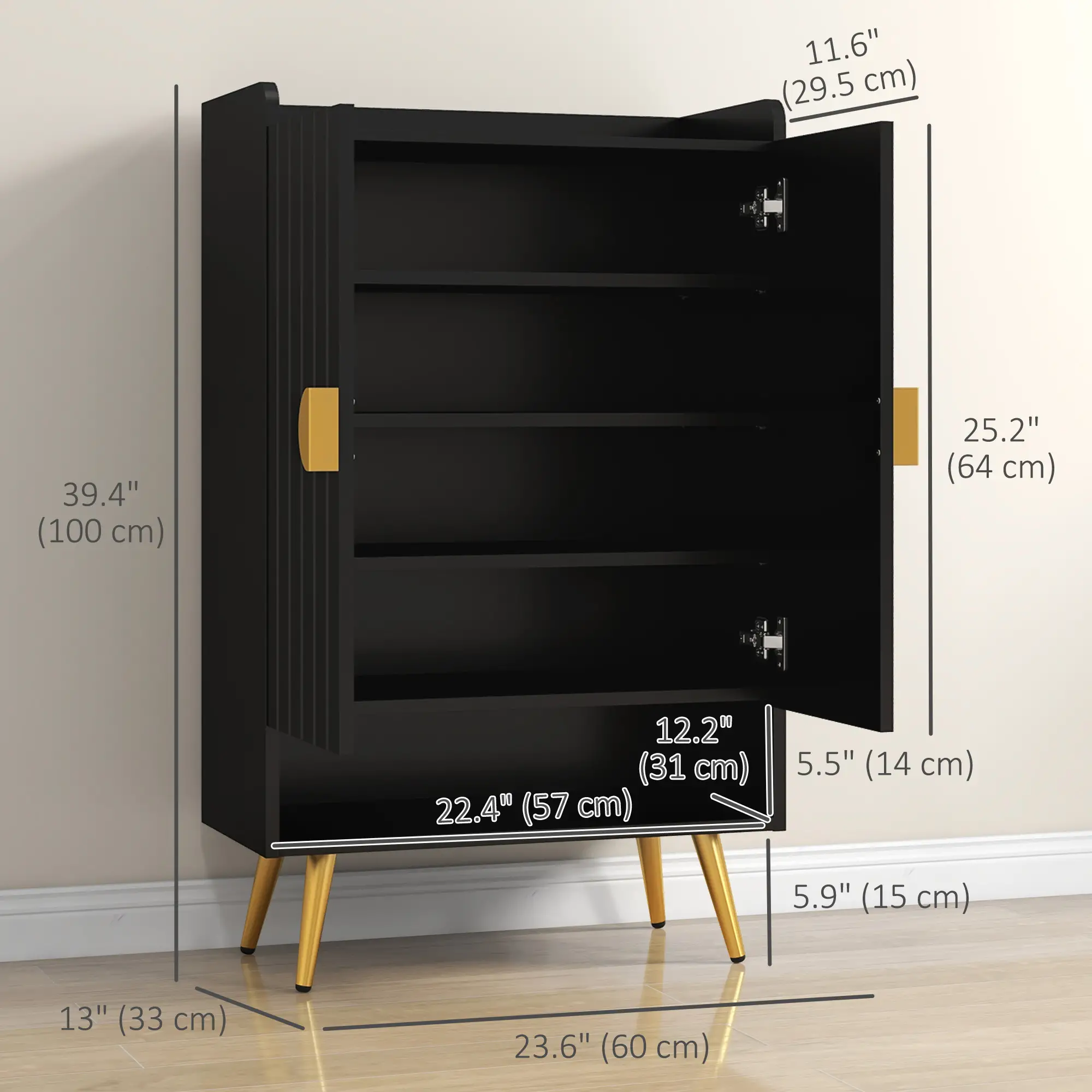 Narrow Shoe Storage Cabinet, Adjustable Shelves for 15 Pairs, Black - Image 3