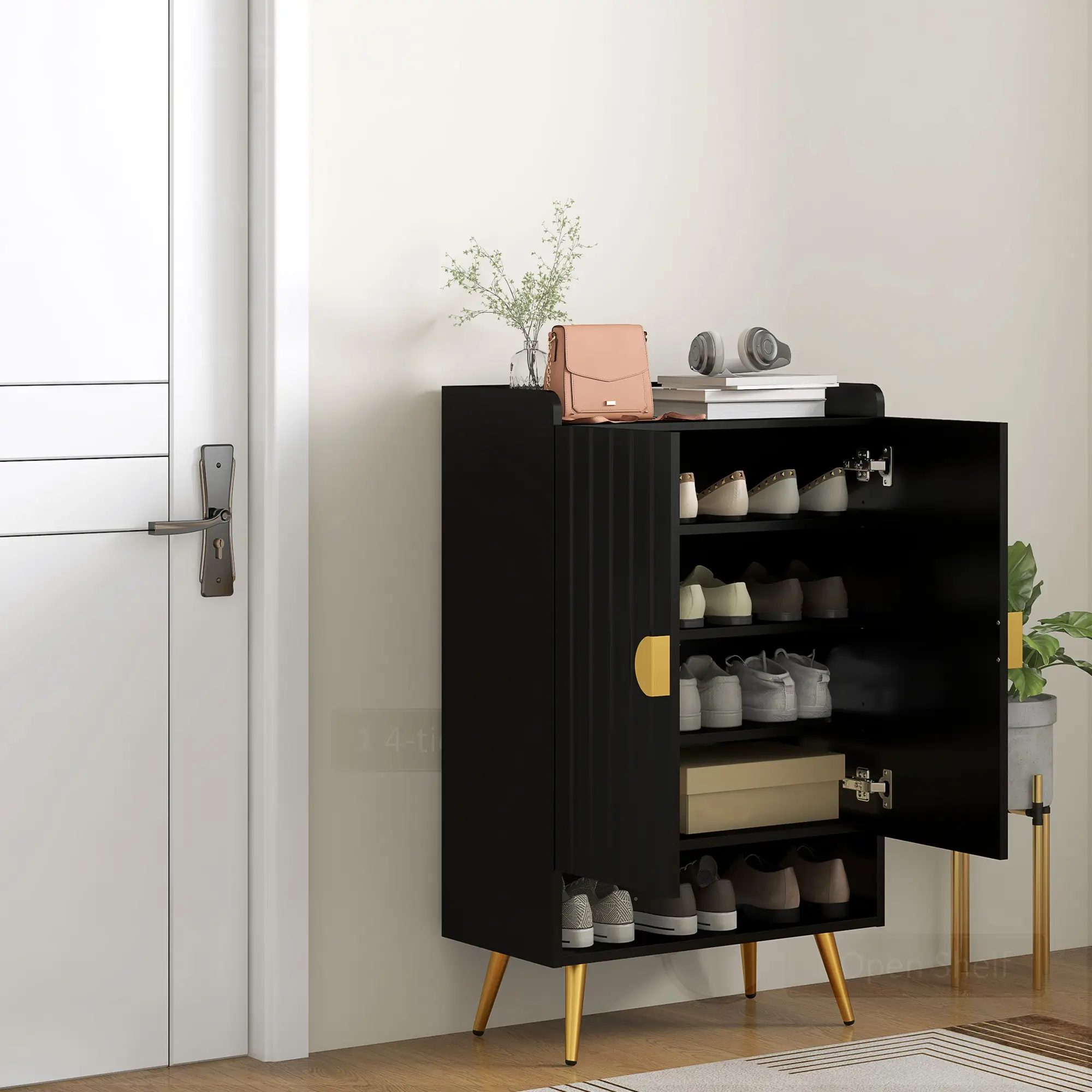Narrow Shoe Storage Cabinet, Adjustable Shelves for 15 Pairs, Black - Image 8
