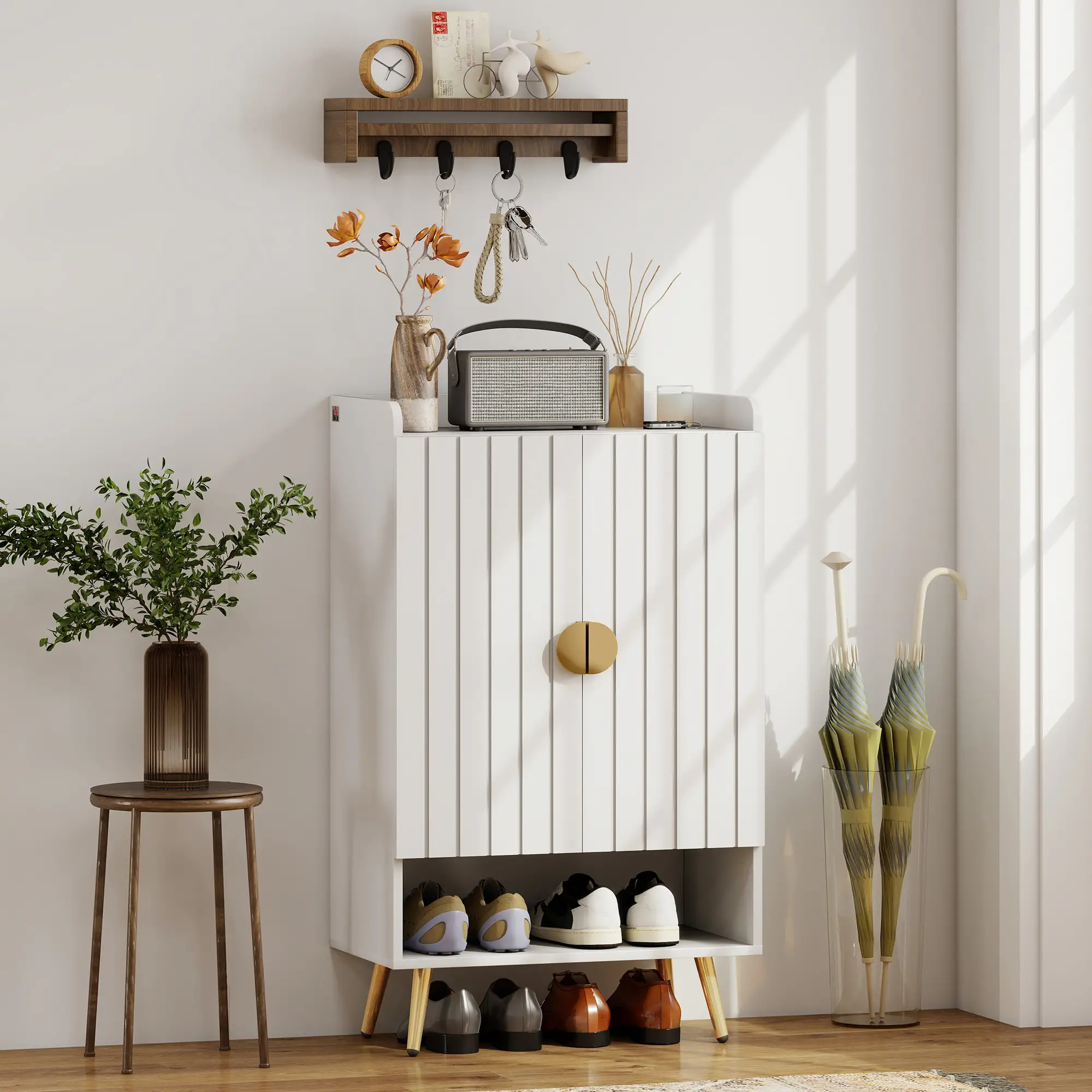 Narrow Shoe Storage Cabinet, Adjustable Shelves for 15 Pairs, White - Image 2
