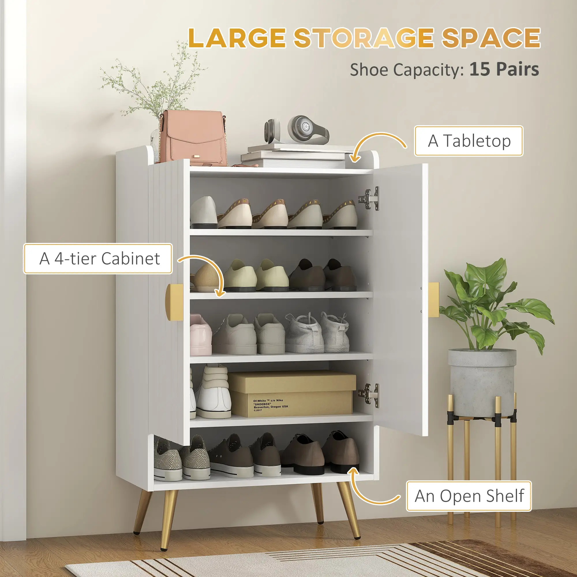 Narrow Shoe Storage Cabinet, Adjustable Shelves for 15 Pairs, White - Image 4