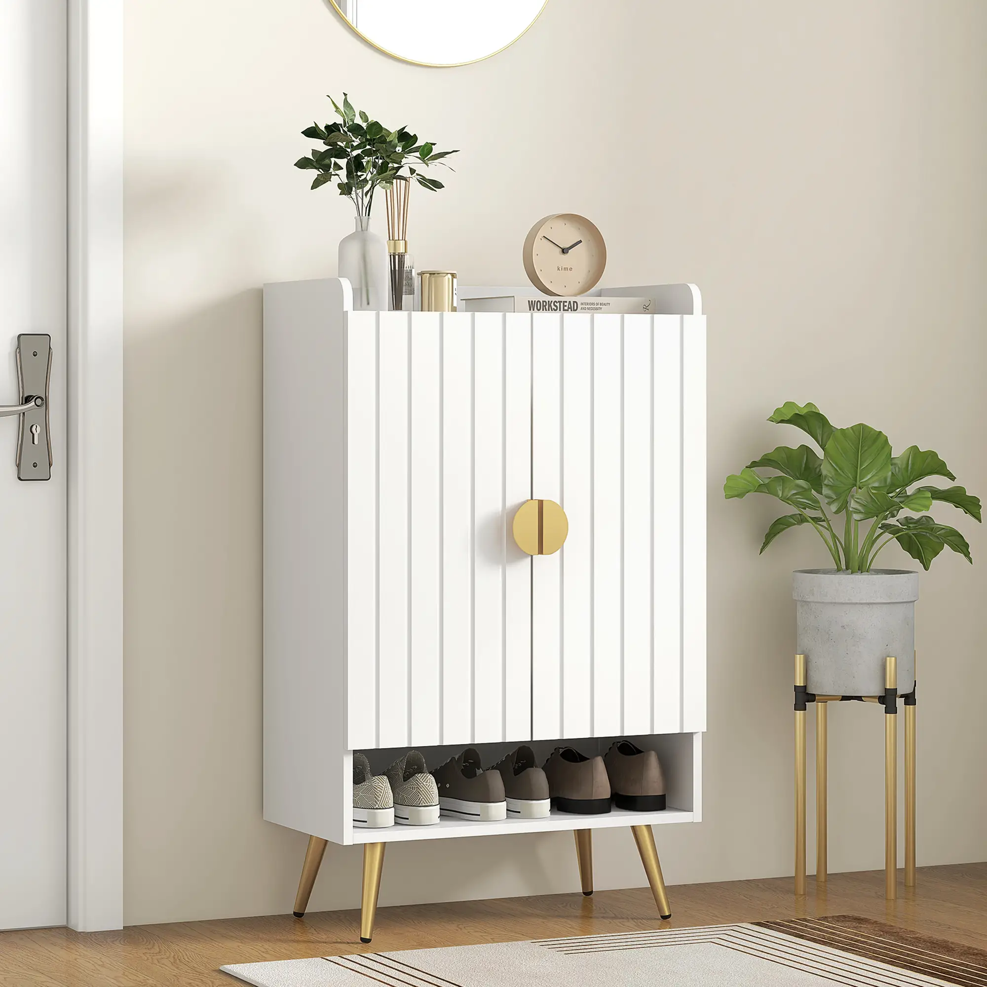 Narrow Shoe Storage Cabinet, Adjustable Shelves for 15 Pairs, White - Image 8