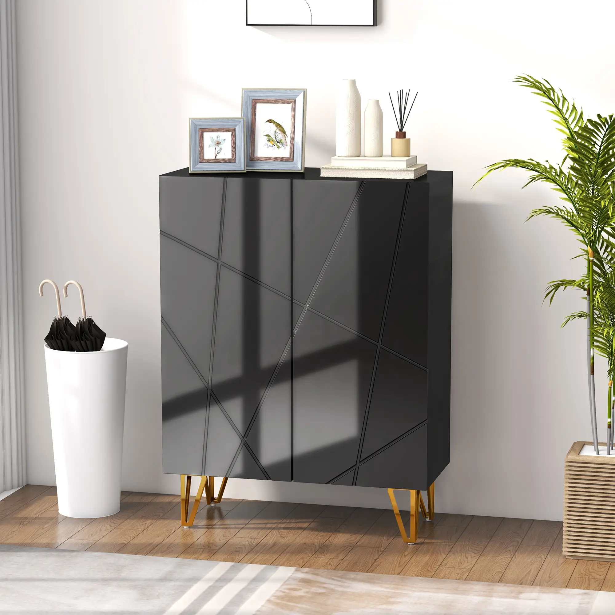 Narrow Shoe Storage Cabinet, Adjustable Shelves, High Gloss, Black - Image 2