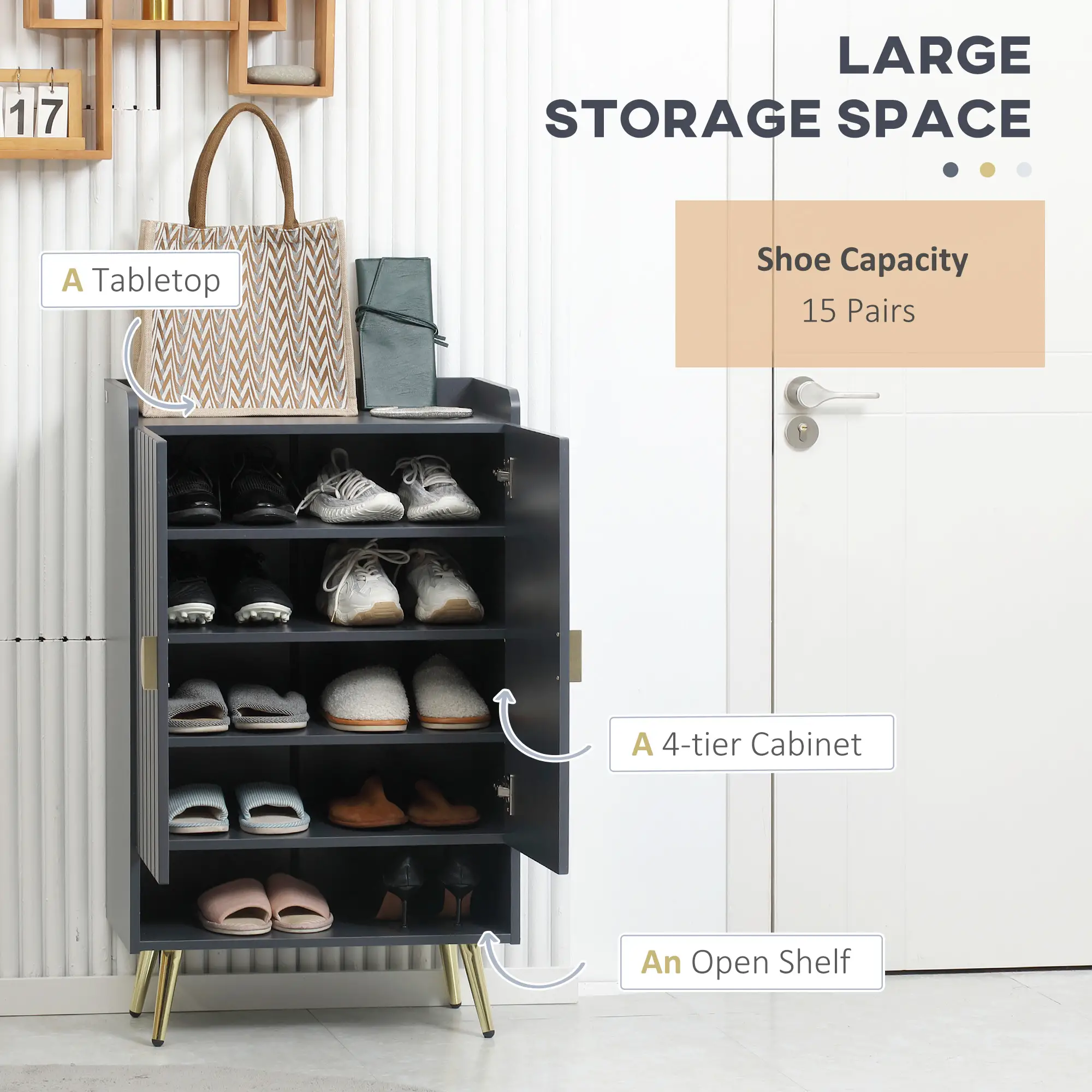 Narrow Shoe Storage Cabinet, Adjustable Shelves, Open Shelf, 15 Pairs, Grey - Image 4