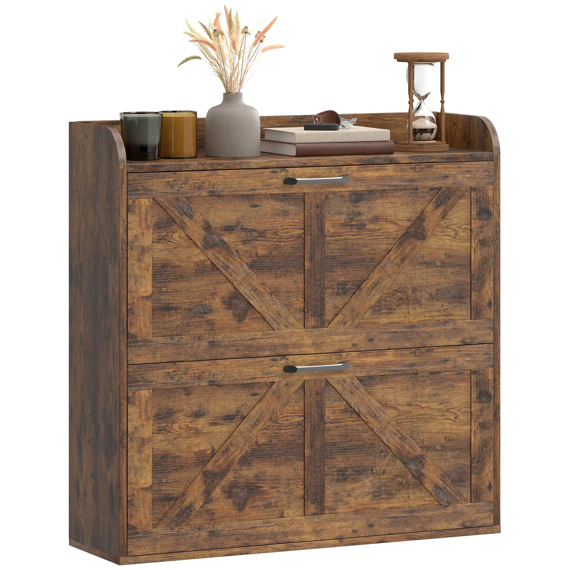 Narrow Shoe Storage Cabinet, Farmhouse Slim Shoe Cabinet with 2 Flip Drawers, Adjustable Shelves, Rustic Brown