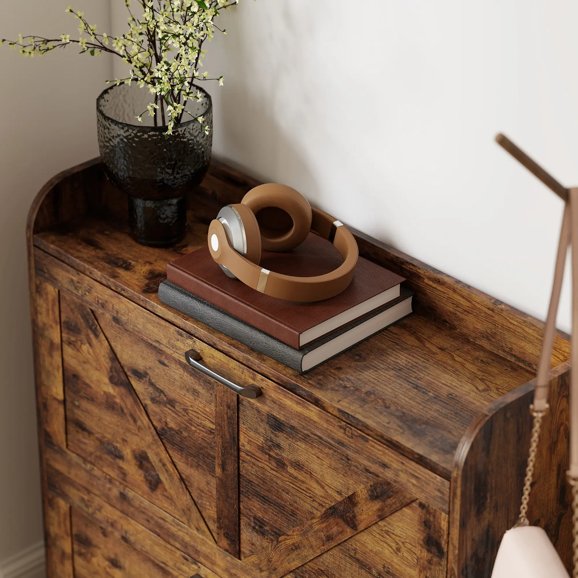 Narrow Shoe Storage Cabinet, Farmhouse Slim Shoe Cabinet with 2 Flip Drawers, Adjustable Shelves, Rustic Brown - Image 10