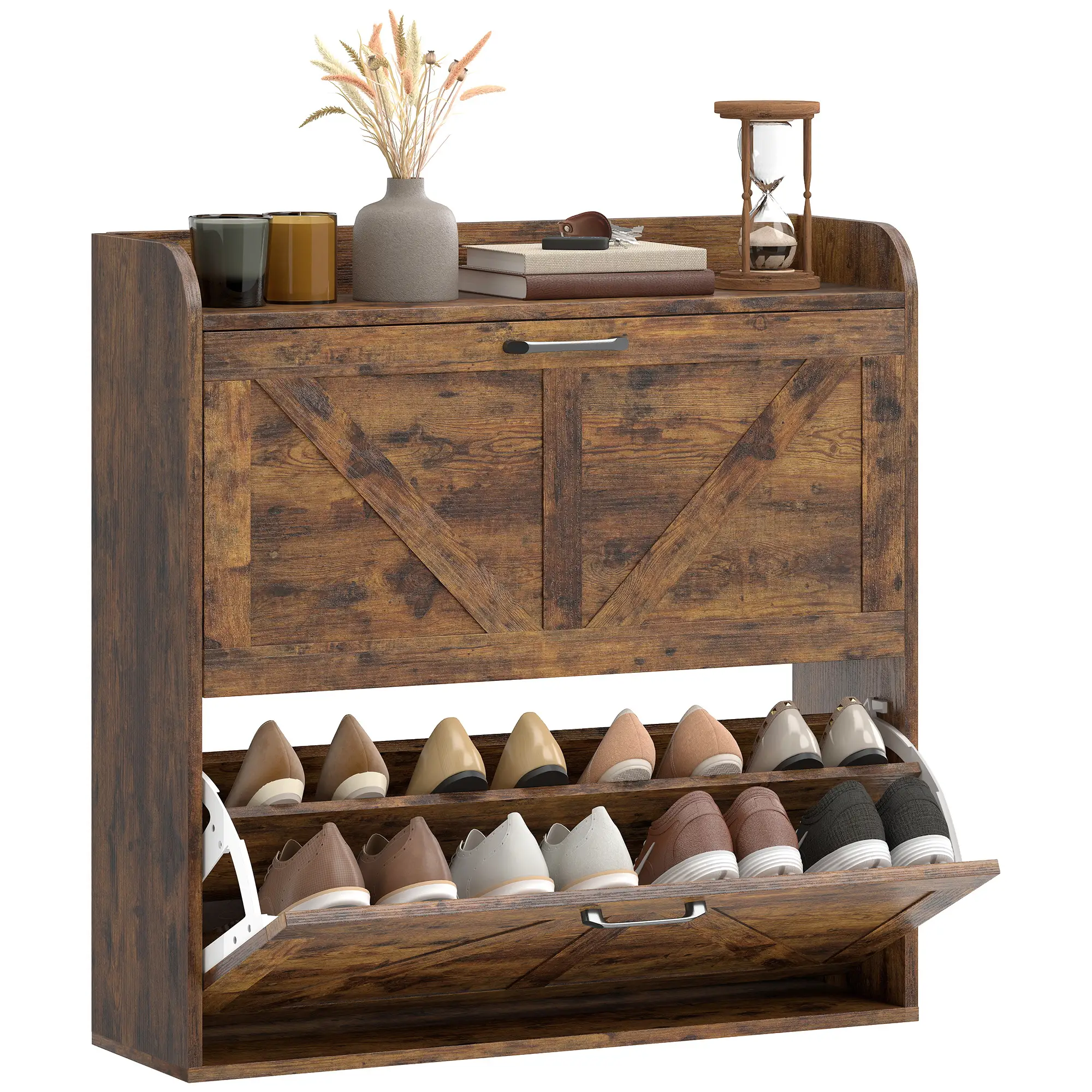 Narrow Shoe Storage Cabinet, Farmhouse Slim Shoe Cabinet with 2 Flip Drawers, Adjustable Shelves, Rustic Brown - Image 11