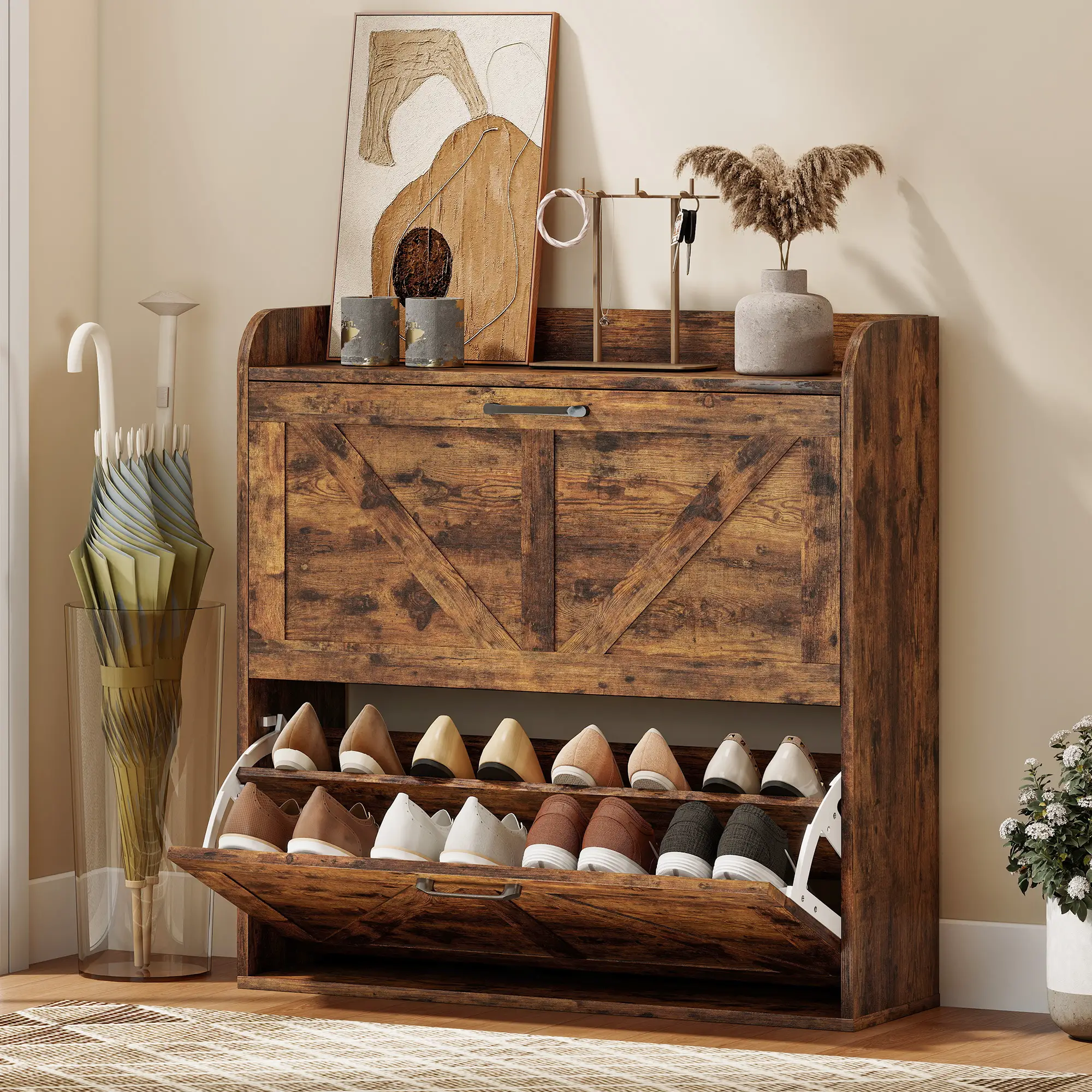 Narrow Shoe Storage Cabinet, Farmhouse Slim Shoe Cabinet with 2 Flip Drawers, Adjustable Shelves, Rustic Brown - Image 2