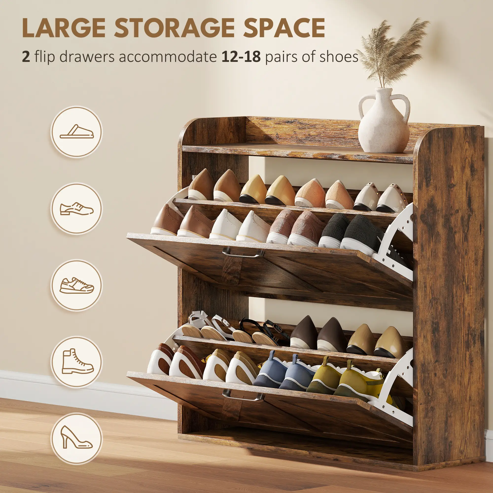 Narrow Shoe Storage Cabinet, Farmhouse Slim Shoe Cabinet with 2 Flip Drawers, Adjustable Shelves, Rustic Brown - Image 4