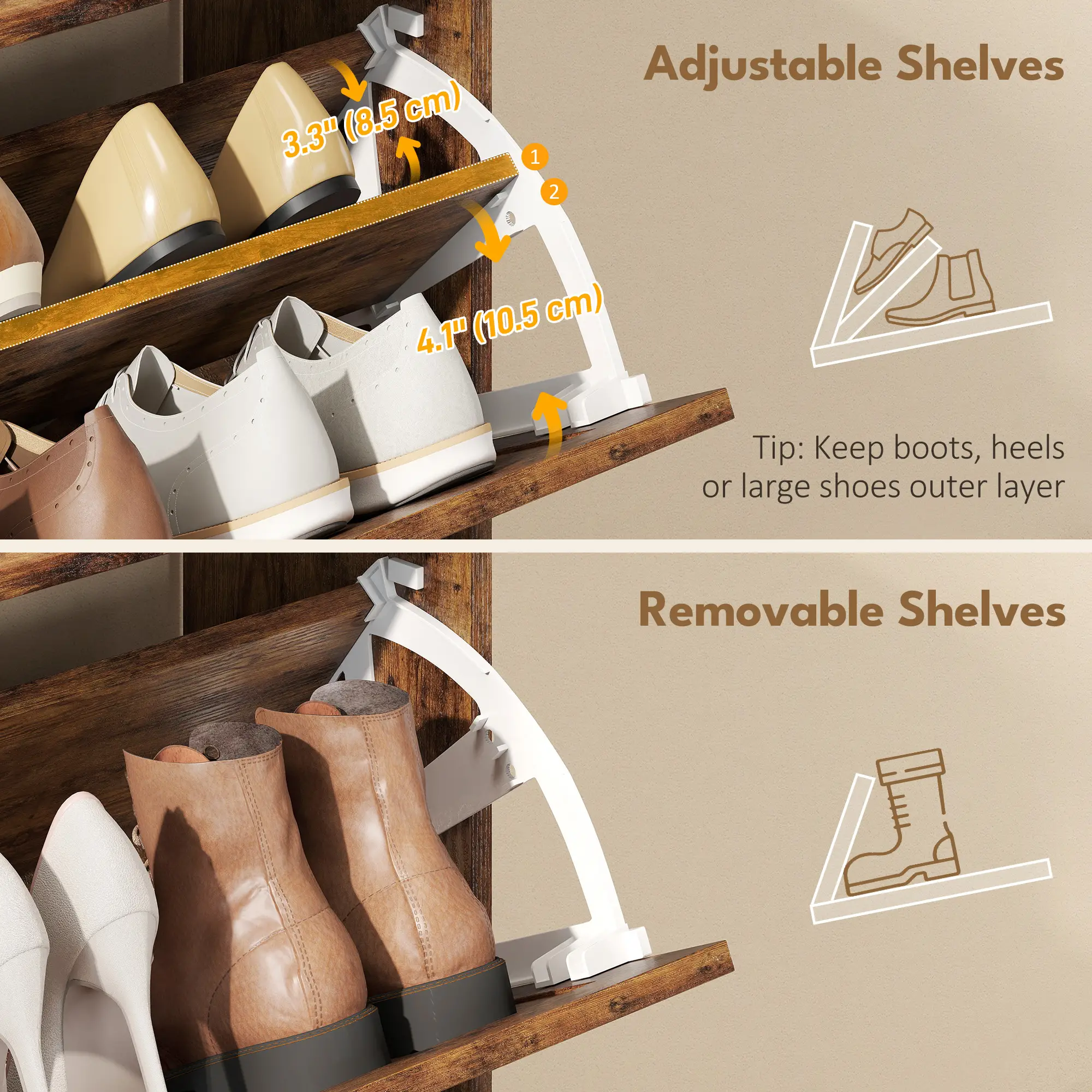 Narrow Shoe Storage Cabinet, Farmhouse Slim Shoe Cabinet with 2 Flip Drawers, Adjustable Shelves, Rustic Brown - Image 5