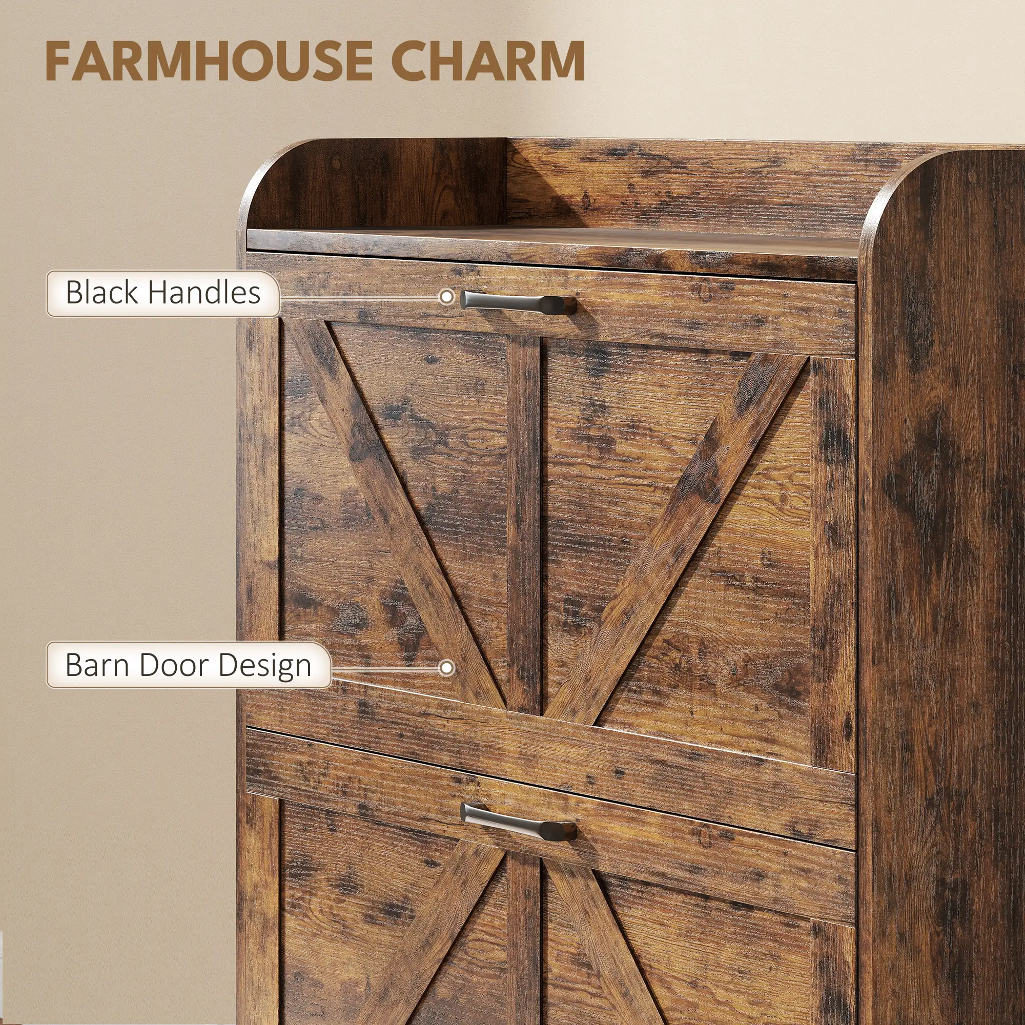 Narrow Shoe Storage Cabinet, Farmhouse Slim Shoe Cabinet with 2 Flip Drawers, Adjustable Shelves, Rustic Brown - Image 6