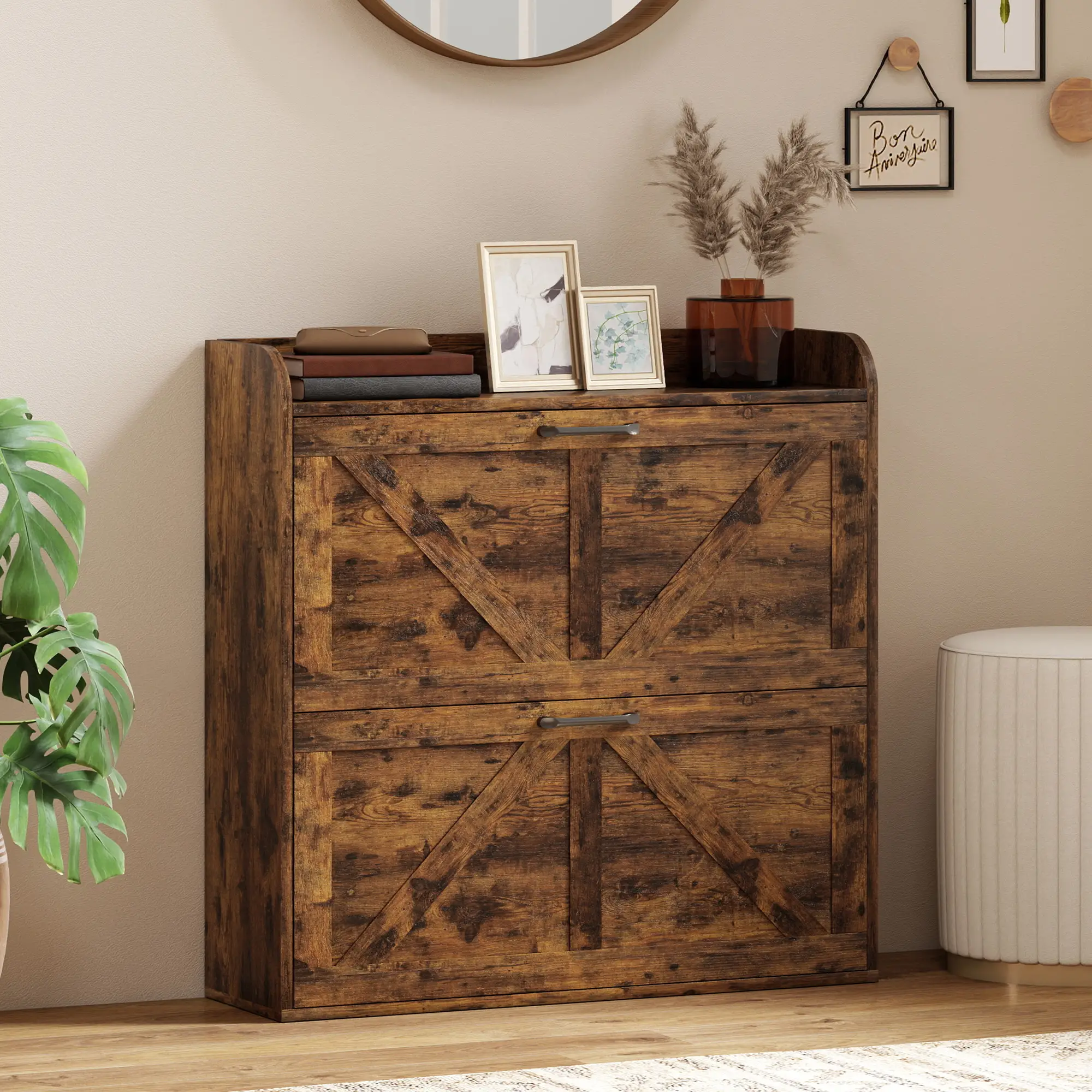 Narrow Shoe Storage Cabinet, Farmhouse Slim Shoe Cabinet with 2 Flip Drawers, Adjustable Shelves, Rustic Brown - Image 8