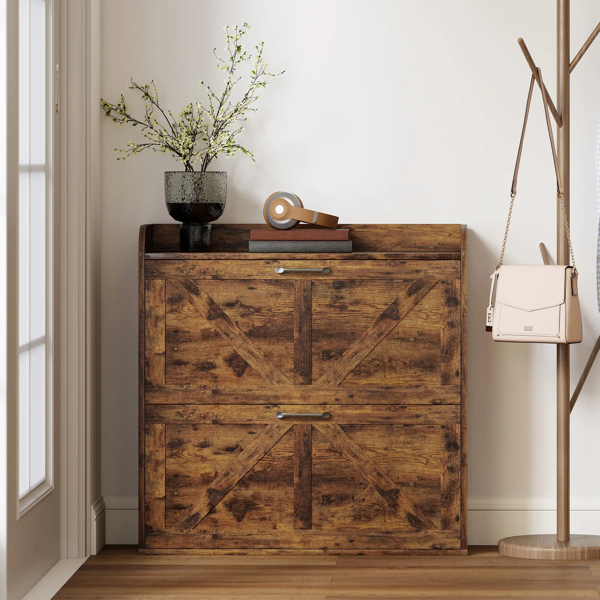 Narrow Shoe Storage Cabinet, Farmhouse Slim Shoe Cabinet with 2 Flip Drawers, Adjustable Shelves, Rustic Brown - Image 9