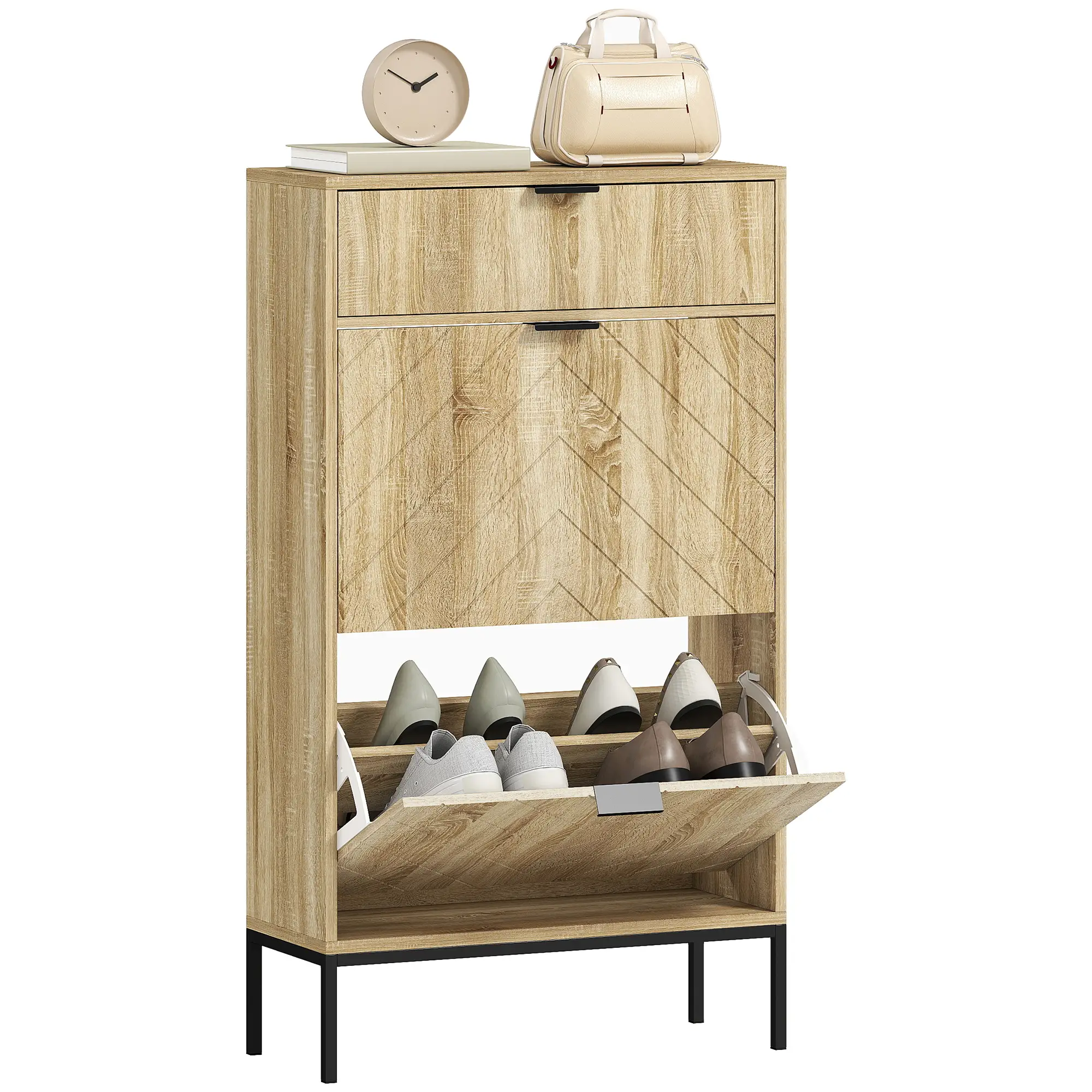 Narrow Shoe Storage Cabinet, Flip Drawers, Adjustable Shelves, Holds 8 Pairs, Oak - Image 11