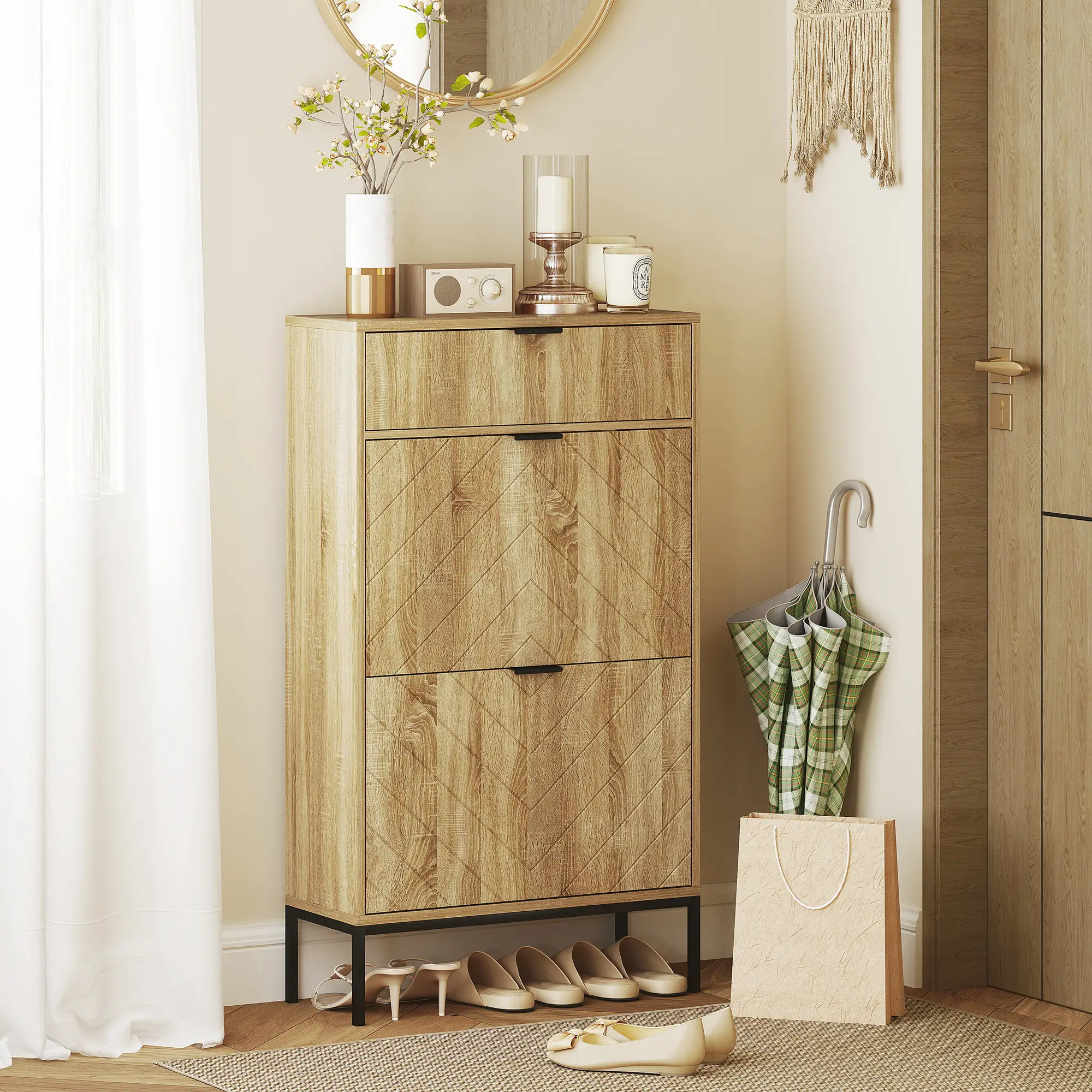 Narrow Shoe Storage Cabinet, Flip Drawers, Adjustable Shelves, Holds 8 Pairs, Oak - Image 2