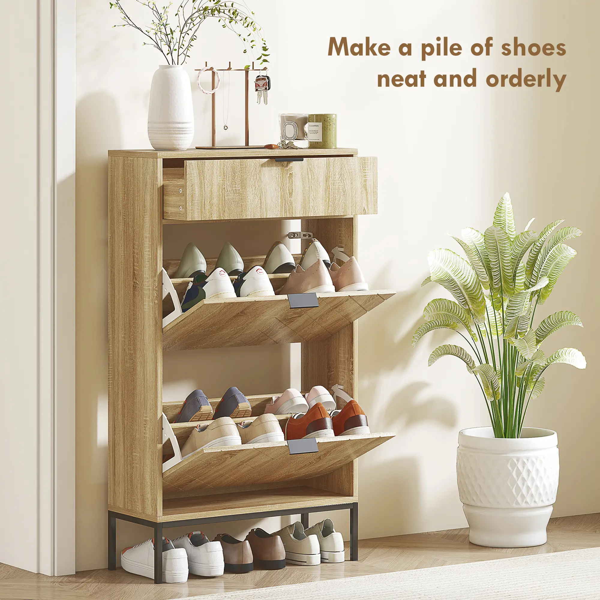 Narrow Shoe Storage Cabinet, Flip Drawers, Adjustable Shelves, Holds 8 Pairs, Oak - Image 4