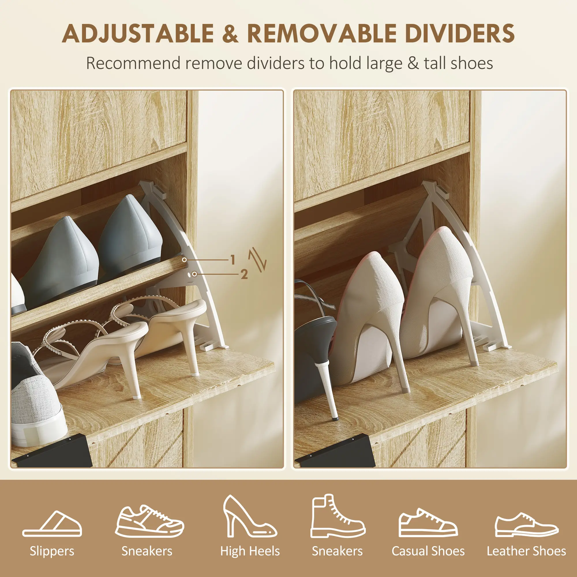 Narrow Shoe Storage Cabinet, Flip Drawers, Adjustable Shelves, Holds 8 Pairs, Oak - Image 5