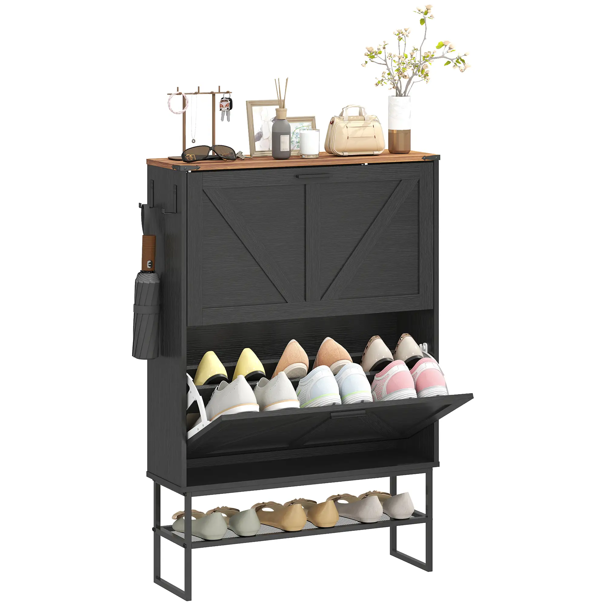 Narrow Shoe Storage Cabinet with 2 Flip Drawers, Black