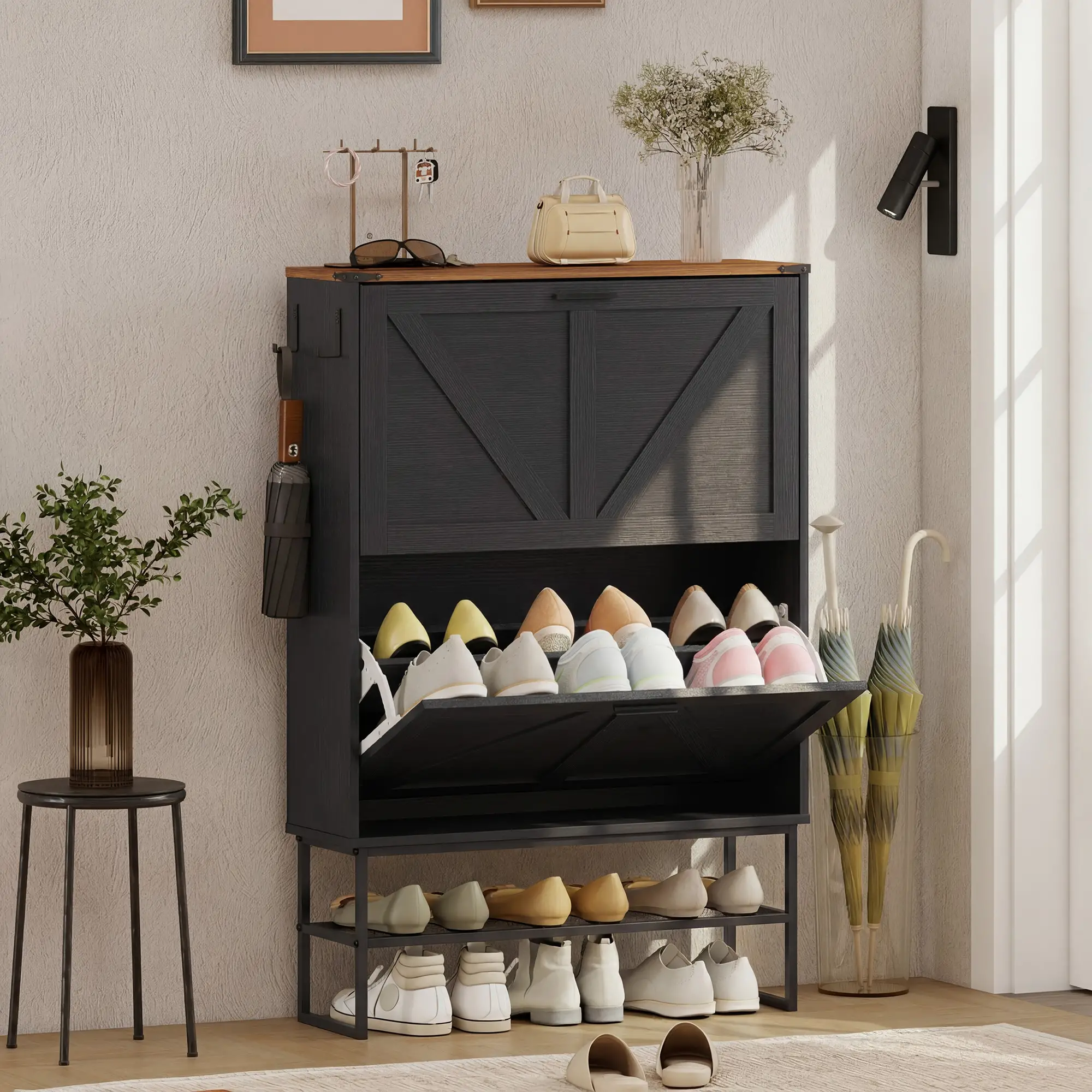 Narrow Shoe Storage Cabinet with 2 Flip Drawers, Black - Image 2