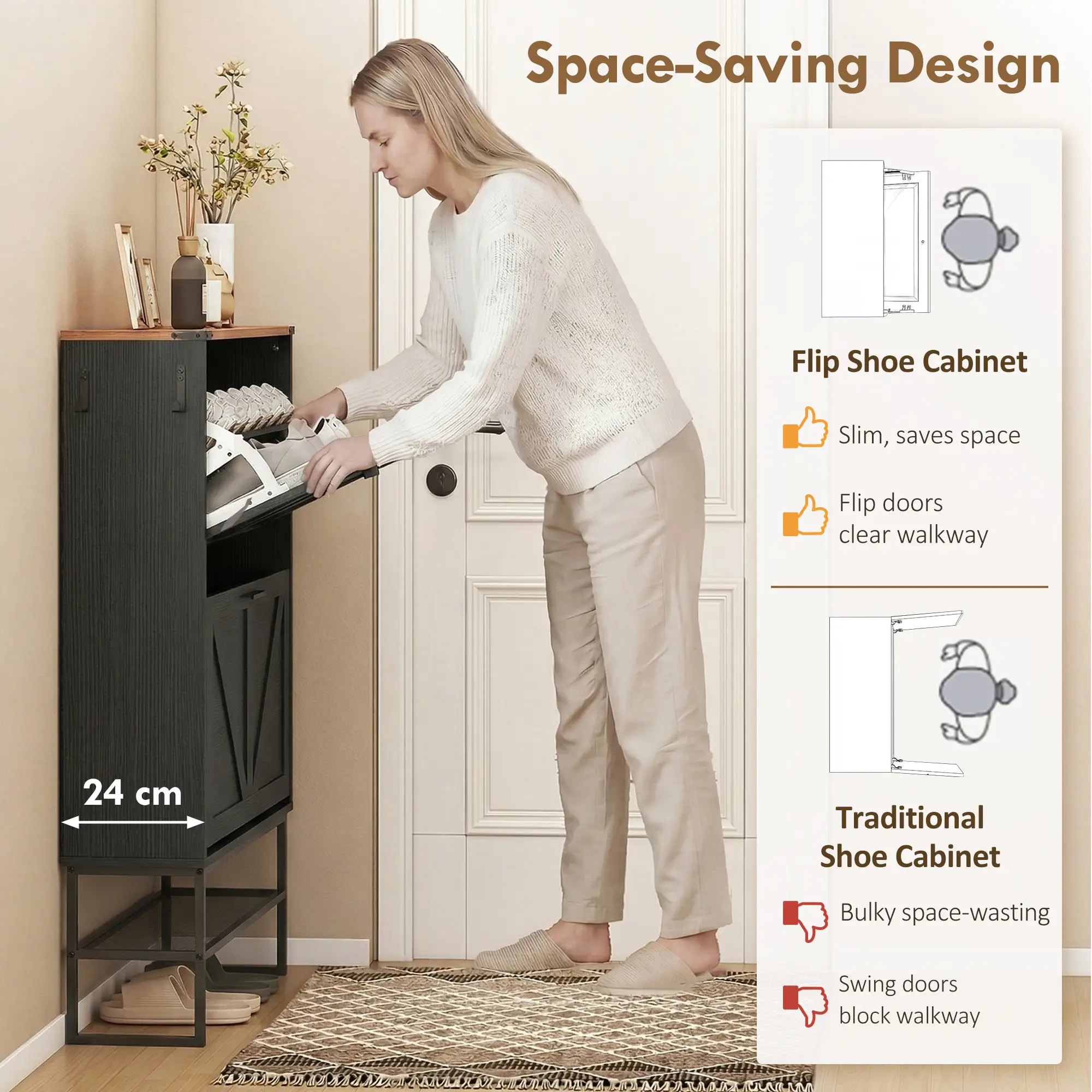 Narrow Shoe Storage Cabinet with 2 Flip Drawers, Black - Image 4