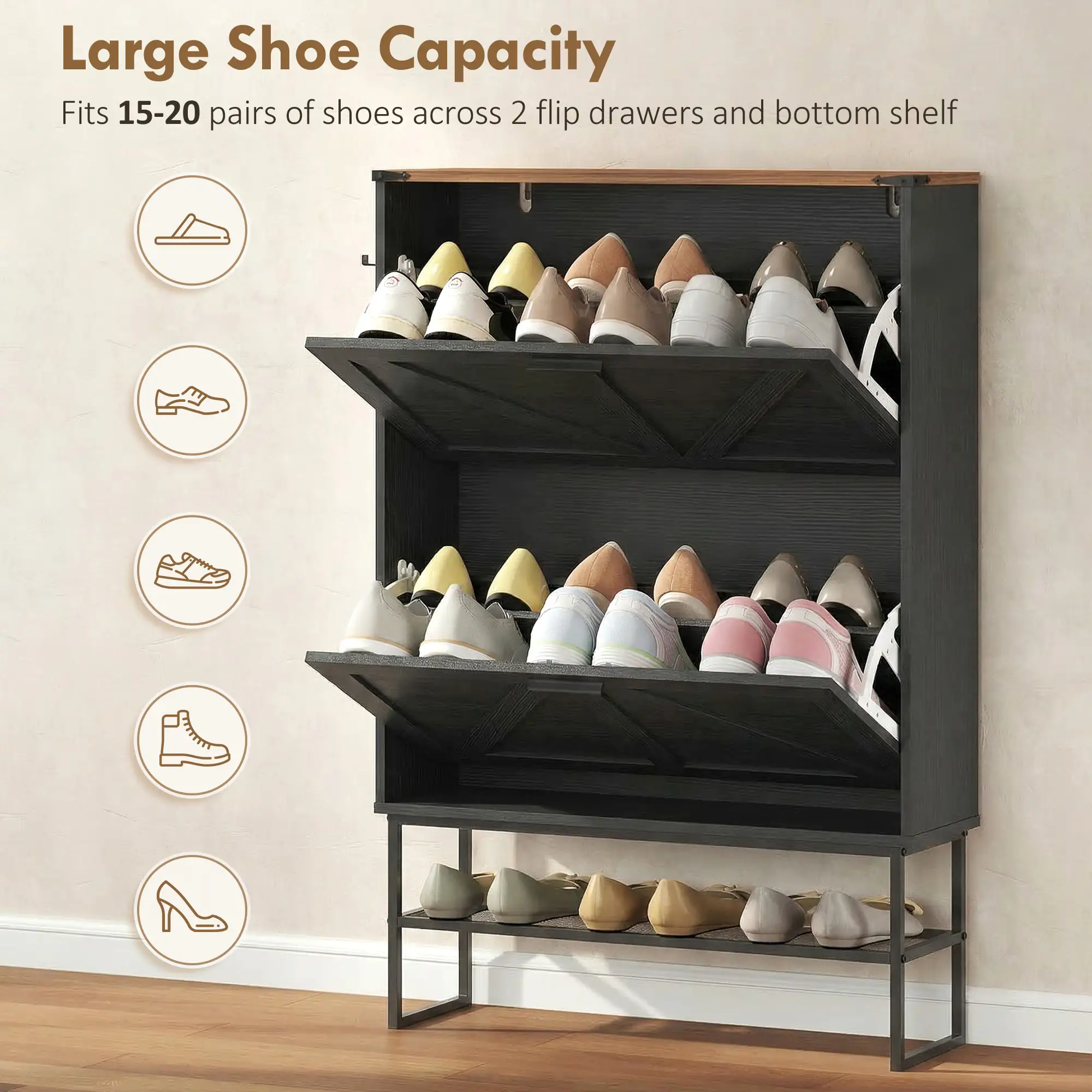Narrow Shoe Storage Cabinet with 2 Flip Drawers, Black - Image 5