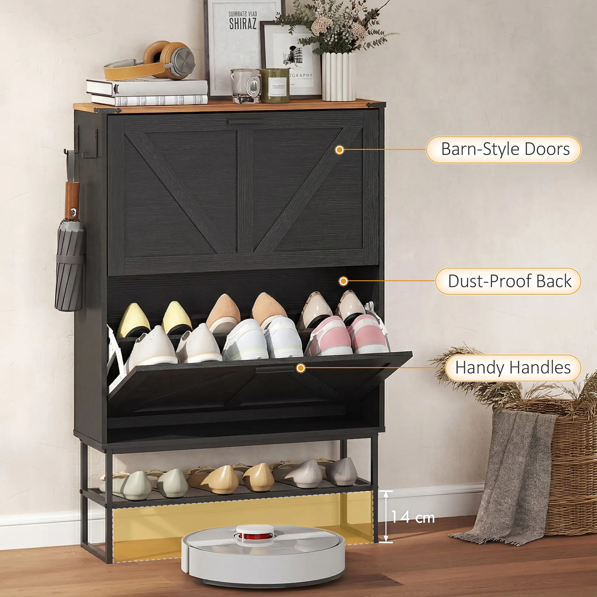 Narrow Shoe Storage Cabinet with 2 Flip Drawers, Black - Image 9