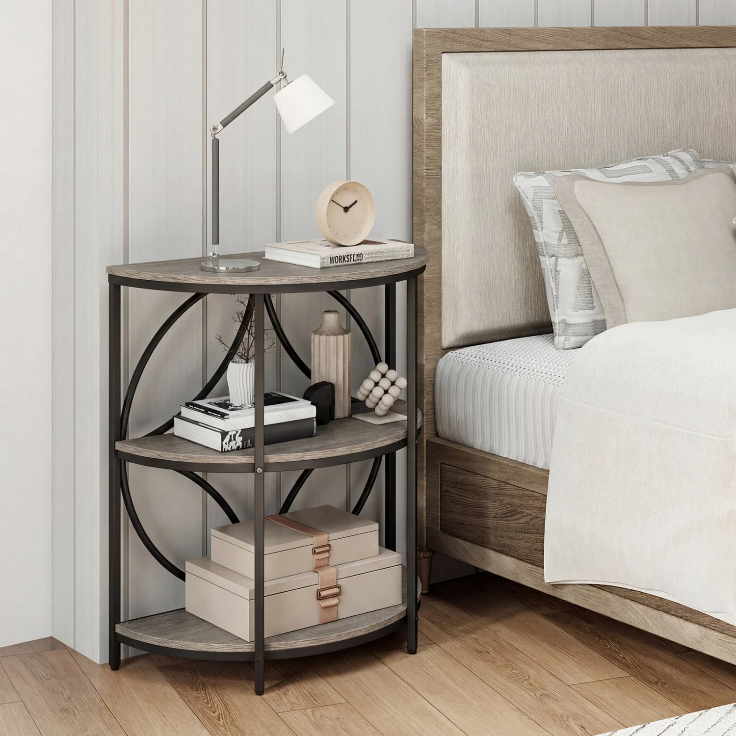 Narrow Side Table, Metal Frame, Storage Shelves, Gray - Image 3