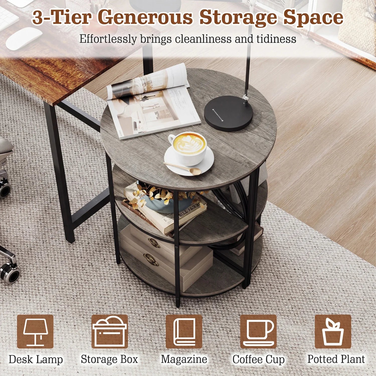 Narrow Side Table, Metal Frame, Storage Shelves, Gray - Image 9