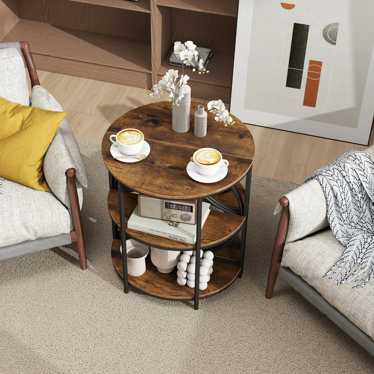 Narrow Side Table, Metal Frame, Storage Shelves, Rustic Brown - Image 2